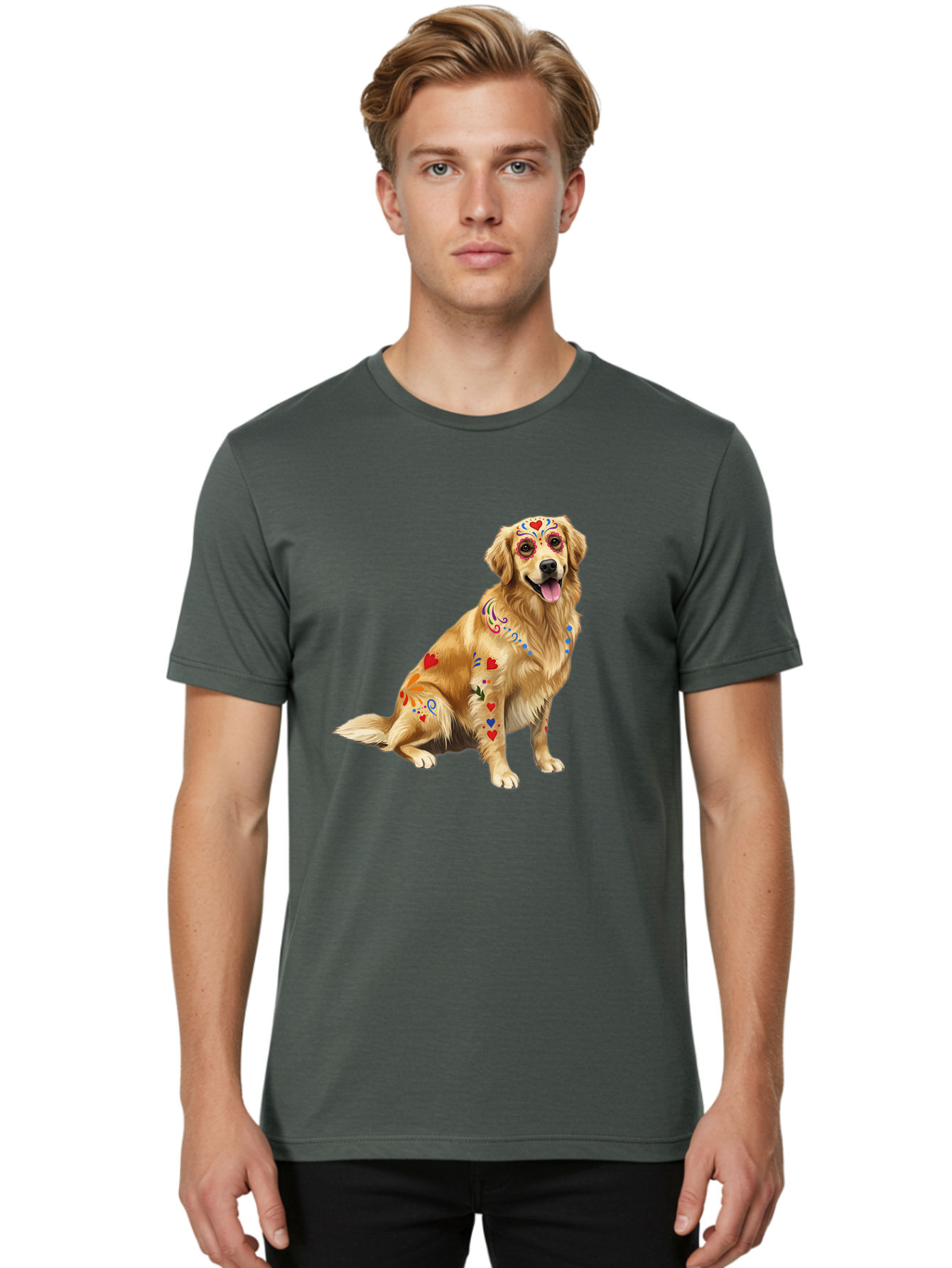Sugar-Skull-Dog Men'S Graphic Tee, 100% Cotton, Comfortable Casual Summer Wear, Machine Washable, Golden Retriever, Sugar Skull Design, Colorful Tattoos, Heart Patterns, Festive Decoration, Dia De Los Muertos, Vibrant Artwork, Dog Portrait, Bac499 27