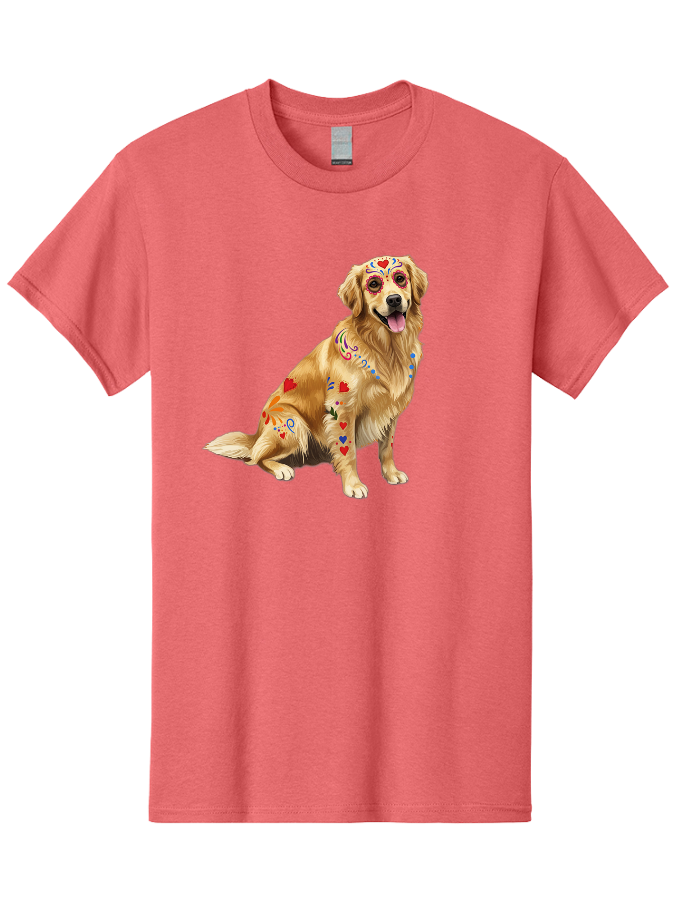 Sugar-Skull-Dog Men'S Graphic Tee, 100% Cotton, Comfortable Casual Summer Wear, Machine Washable, Golden Retriever, Sugar Skull Design, Colorful Tattoos, Heart Patterns, Festive Decoration, Dia De Los Muertos, Vibrant Artwork, Dog Portrait, Bac499 2