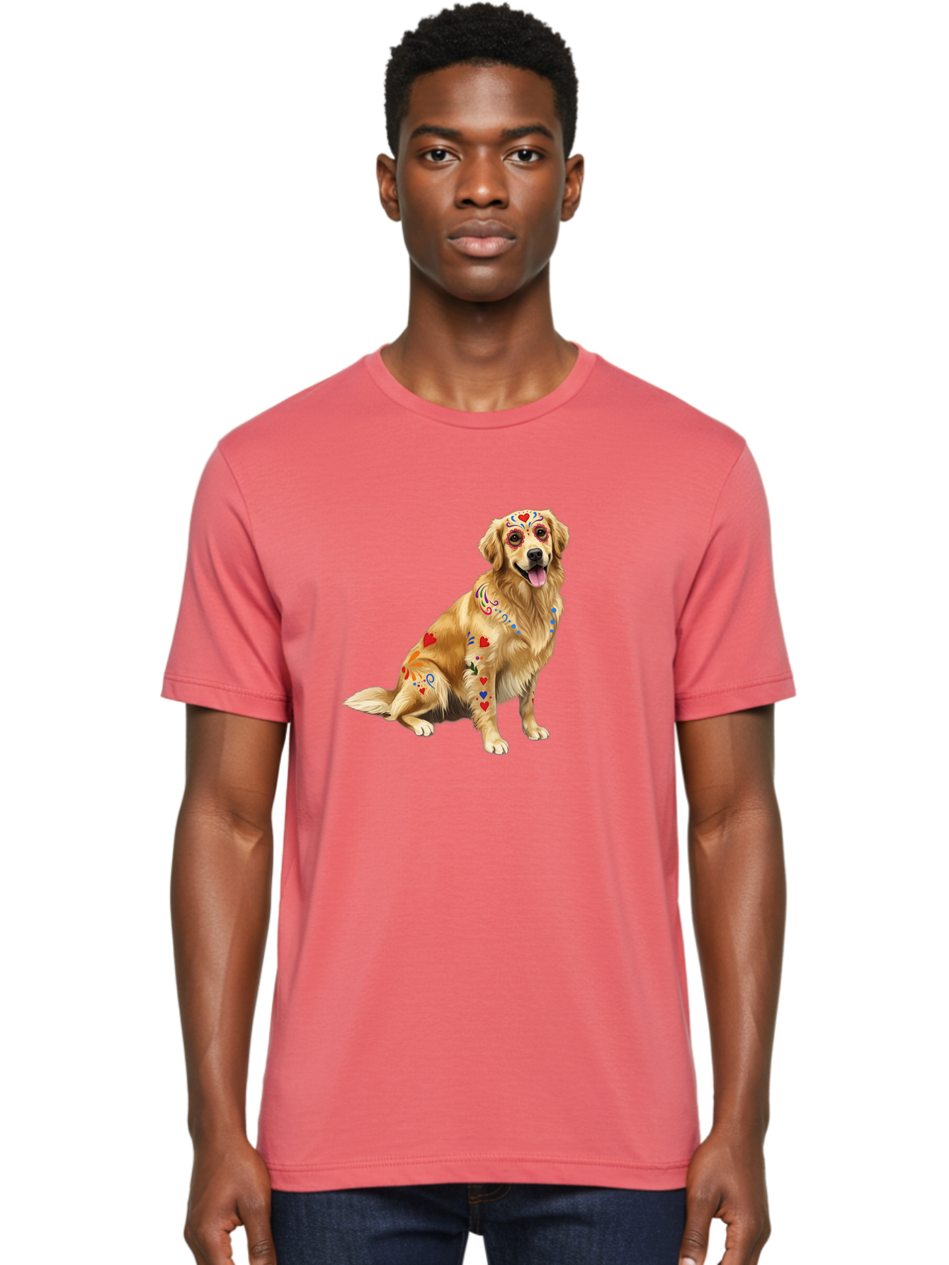 Sugar-Skull-Dog Men'S Graphic Tee, 100% Cotton, Comfortable Casual Summer Wear, Machine Washable, Golden Retriever, Sugar Skull Design, Colorful Tattoos, Heart Patterns, Festive Decoration, Dia De Los Muertos, Vibrant Artwork, Dog Portrait, Bac499 17