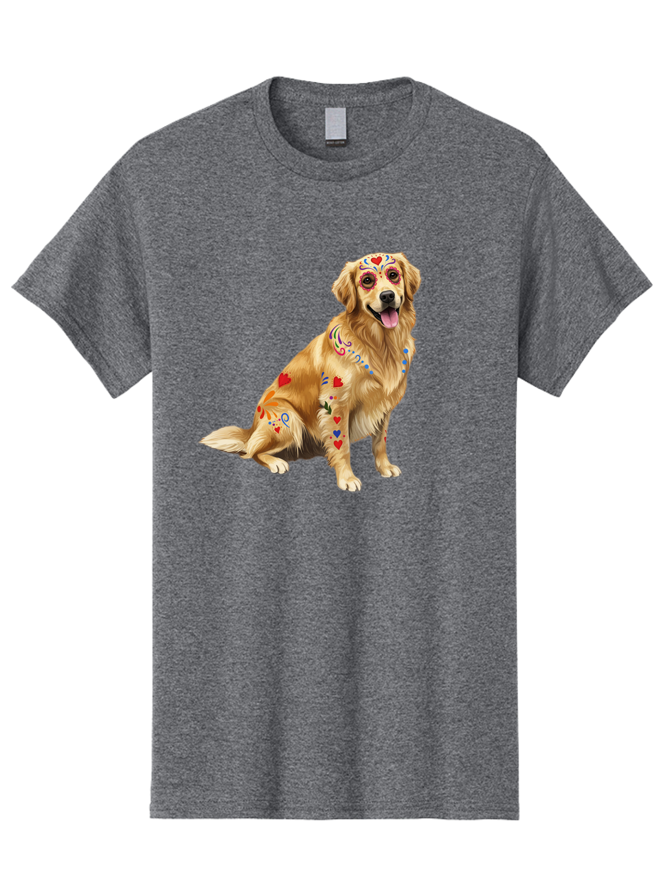 Sugar-Skull-Dog Men'S Graphic Tee, 100% Cotton, Comfortable Casual Summer Wear, Machine Washable, Golden Retriever, Sugar Skull Design, Colorful Tattoos, Heart Patterns, Festive Decoration, Dia De Los Muertos, Vibrant Artwork, Dog Portrait, Bac499 7