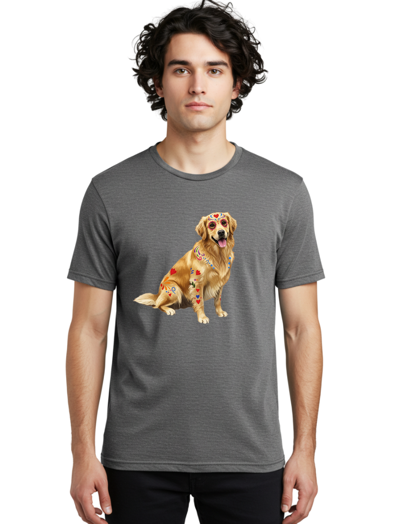 Sugar-Skull-Dog Men'S Graphic Tee, 100% Cotton, Comfortable Casual Summer Wear, Machine Washable, Golden Retriever, Sugar Skull Design, Colorful Tattoos, Heart Patterns, Festive Decoration, Dia De Los Muertos, Vibrant Artwork, Dog Portrait, Bac499 22