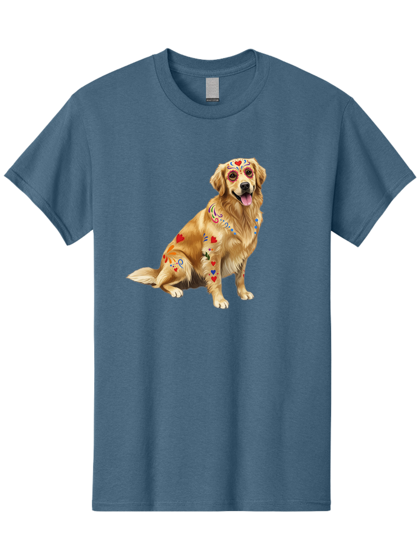Sugar-Skull-Dog Men'S Graphic Tee, 100% Cotton, Comfortable Casual Summer Wear, Machine Washable, Golden Retriever, Sugar Skull Design, Colorful Tattoos, Heart Patterns, Festive Decoration, Dia De Los Muertos, Vibrant Artwork, Dog Portrait, Bac499 5