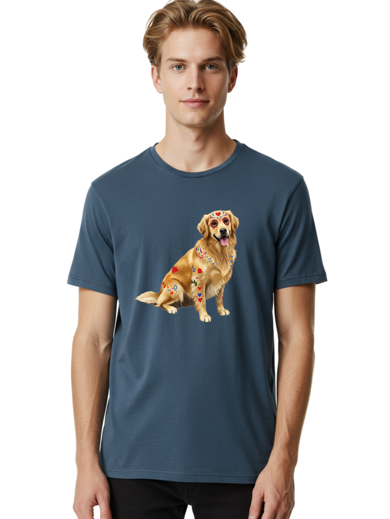 Sugar-Skull-Dog Men'S Graphic Tee, 100% Cotton, Comfortable Casual Summer Wear, Machine Washable, Golden Retriever, Sugar Skull Design, Colorful Tattoos, Heart Patterns, Festive Decoration, Dia De Los Muertos, Vibrant Artwork, Dog Portrait, Bac499 20