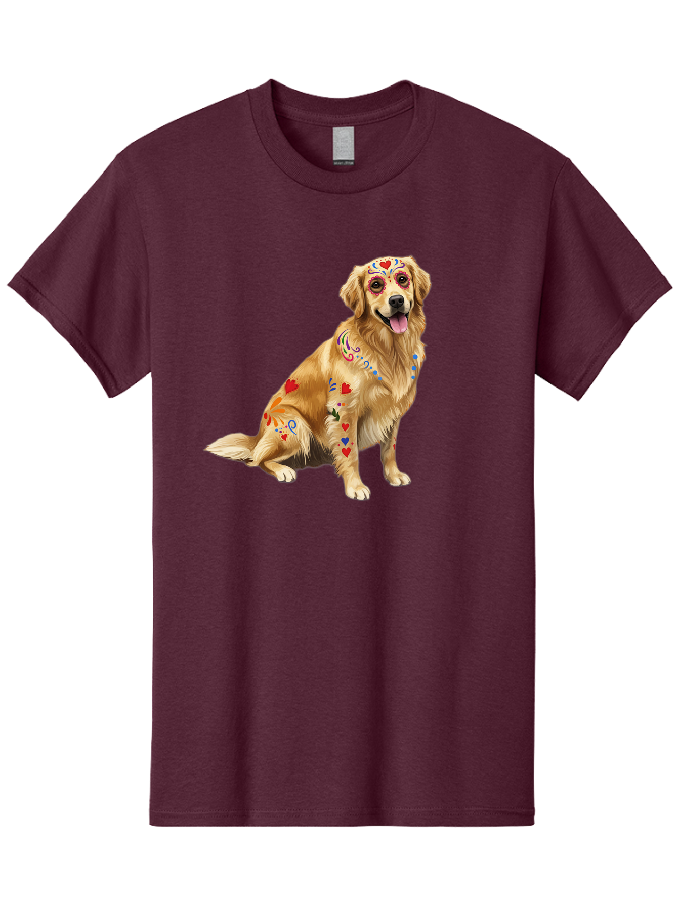Sugar-Skull-Dog Men'S Graphic Tee, 100% Cotton, Comfortable Casual Summer Wear, Machine Washable, Golden Retriever, Sugar Skull Design, Colorful Tattoos, Heart Patterns, Festive Decoration, Dia De Los Muertos, Vibrant Artwork, Dog Portrait, Bac499 11
