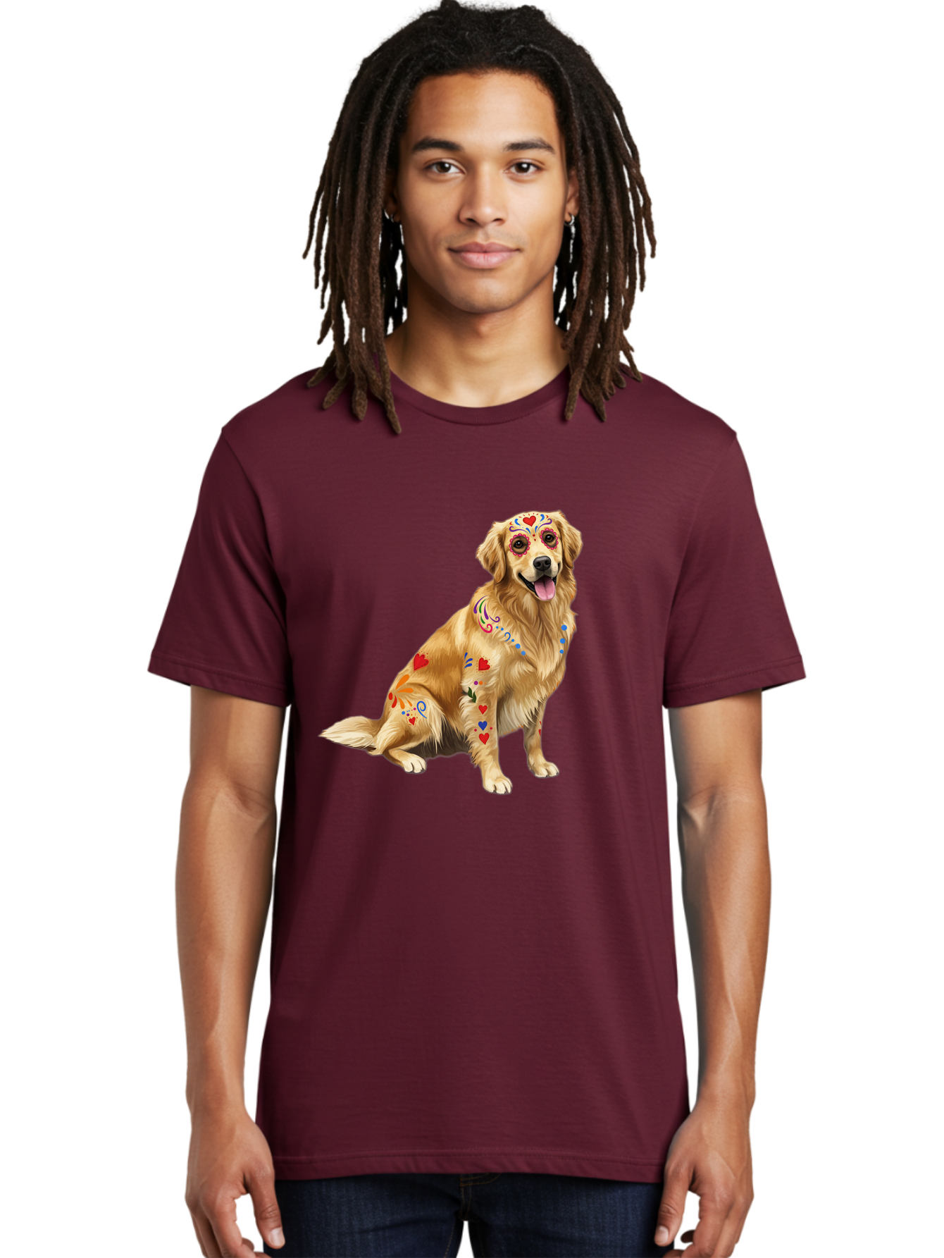 Sugar-Skull-Dog Men'S Graphic Tee, 100% Cotton, Comfortable Casual Summer Wear, Machine Washable, Golden Retriever, Sugar Skull Design, Colorful Tattoos, Heart Patterns, Festive Decoration, Dia De Los Muertos, Vibrant Artwork, Dog Portrait, Bac499 26