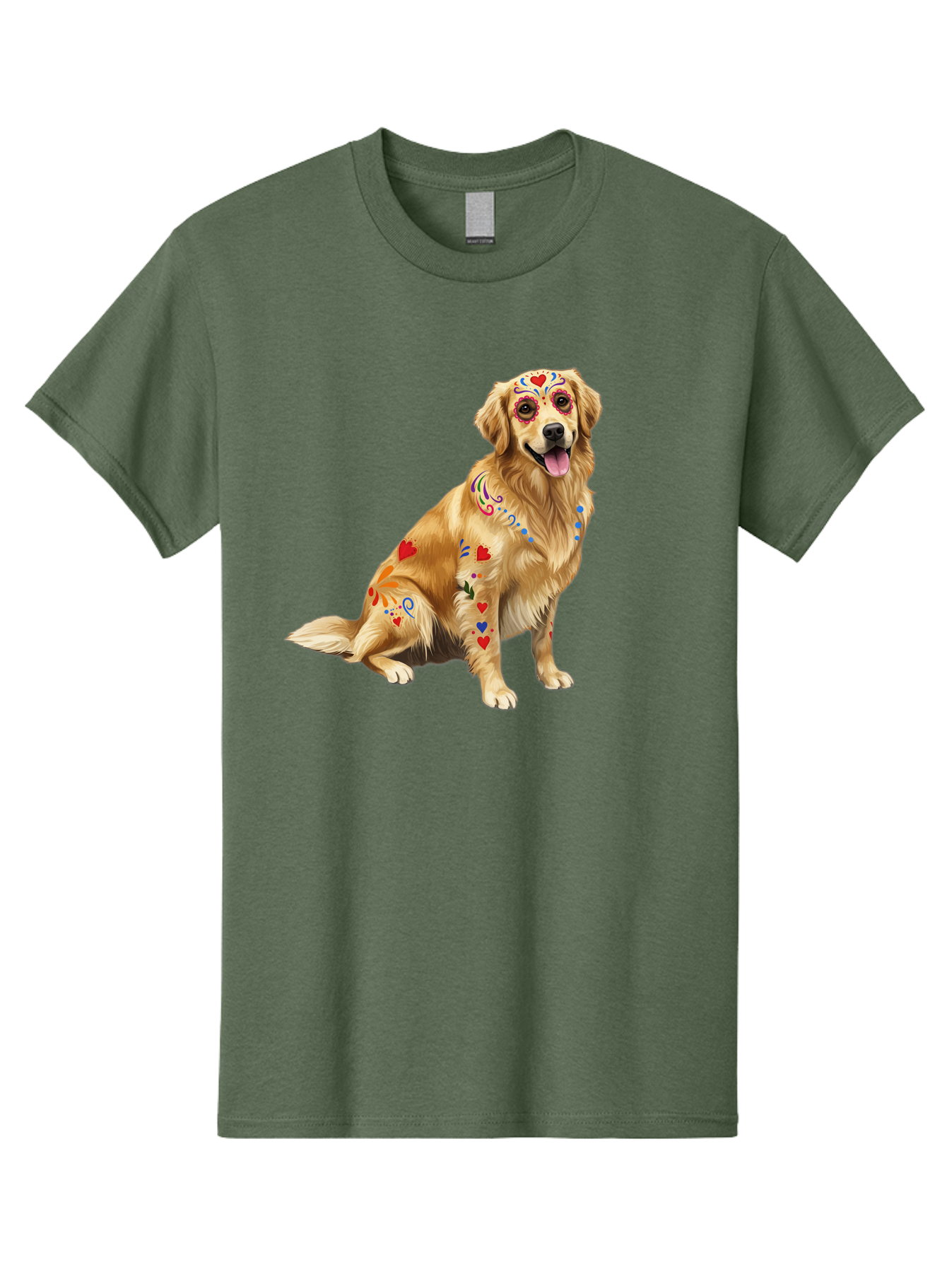 Sugar-Skull-Dog Men'S Graphic Tee, 100% Cotton, Comfortable Casual Summer Wear, Machine Washable, Golden Retriever, Sugar Skull Design, Colorful Tattoos, Heart Patterns, Festive Decoration, Dia De Los Muertos, Vibrant Artwork, Dog Portrait, Bac499 15