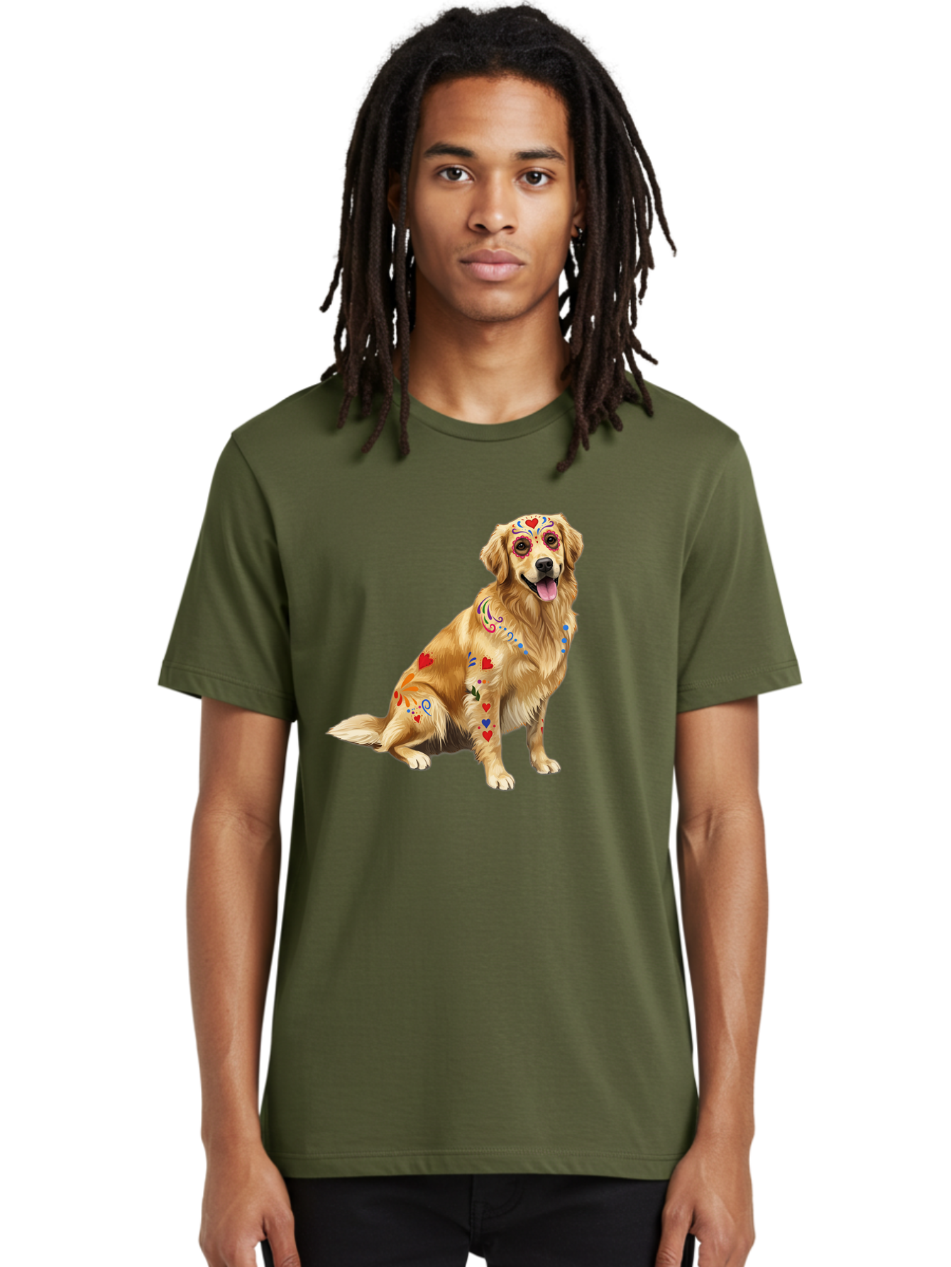 Sugar-Skull-Dog Men'S Graphic Tee, 100% Cotton, Comfortable Casual Summer Wear, Machine Washable, Golden Retriever, Sugar Skull Design, Colorful Tattoos, Heart Patterns, Festive Decoration, Dia De Los Muertos, Vibrant Artwork, Dog Portrait, Bac499 30