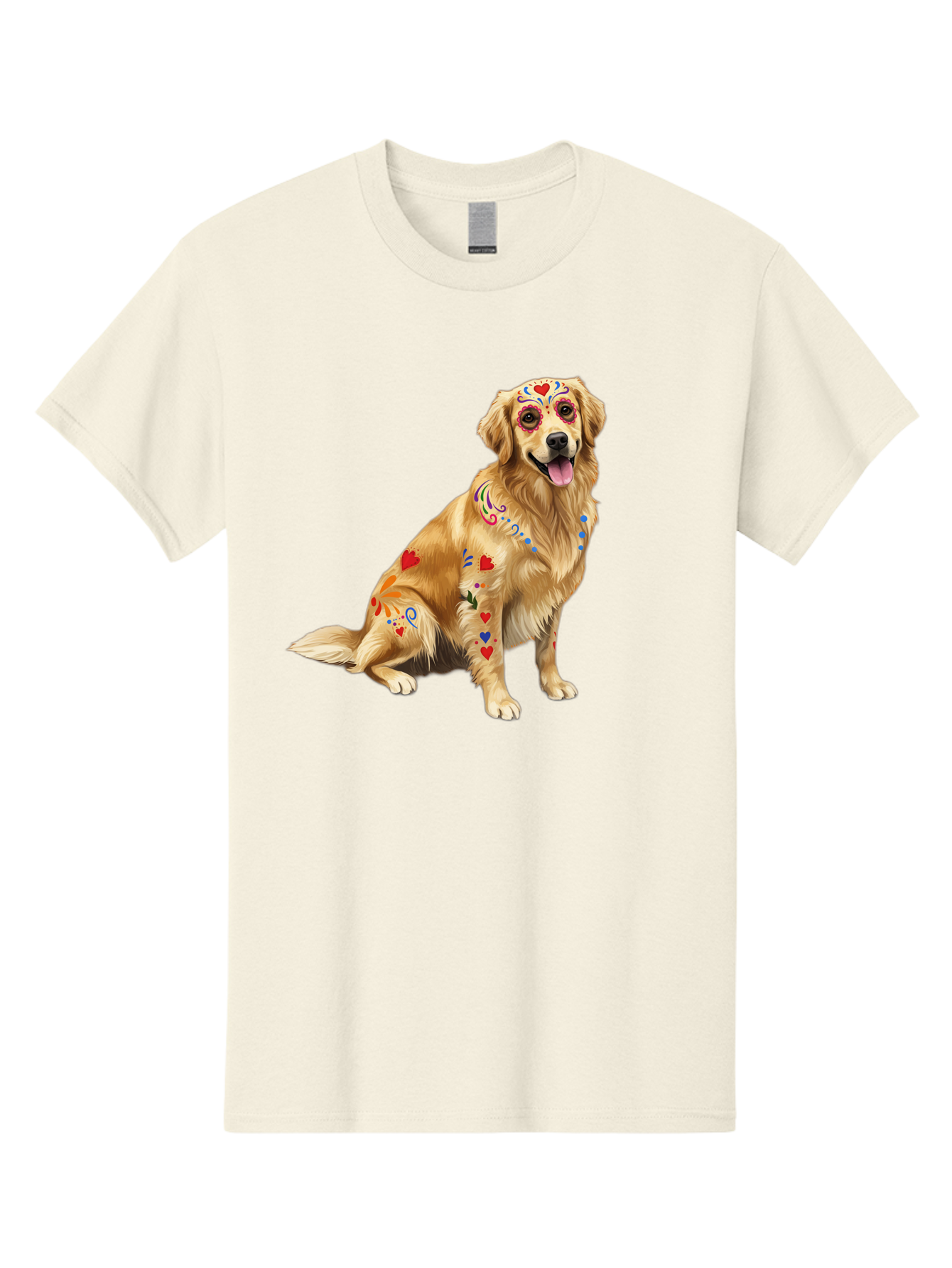 Sugar-Skull-Dog Men'S Graphic Tee, 100% Cotton, Comfortable Casual Summer Wear, Machine Washable, Golden Retriever, Sugar Skull Design, Colorful Tattoos, Heart Patterns, Festive Decoration, Dia De Los Muertos, Vibrant Artwork, Dog Portrait, Bac499 3