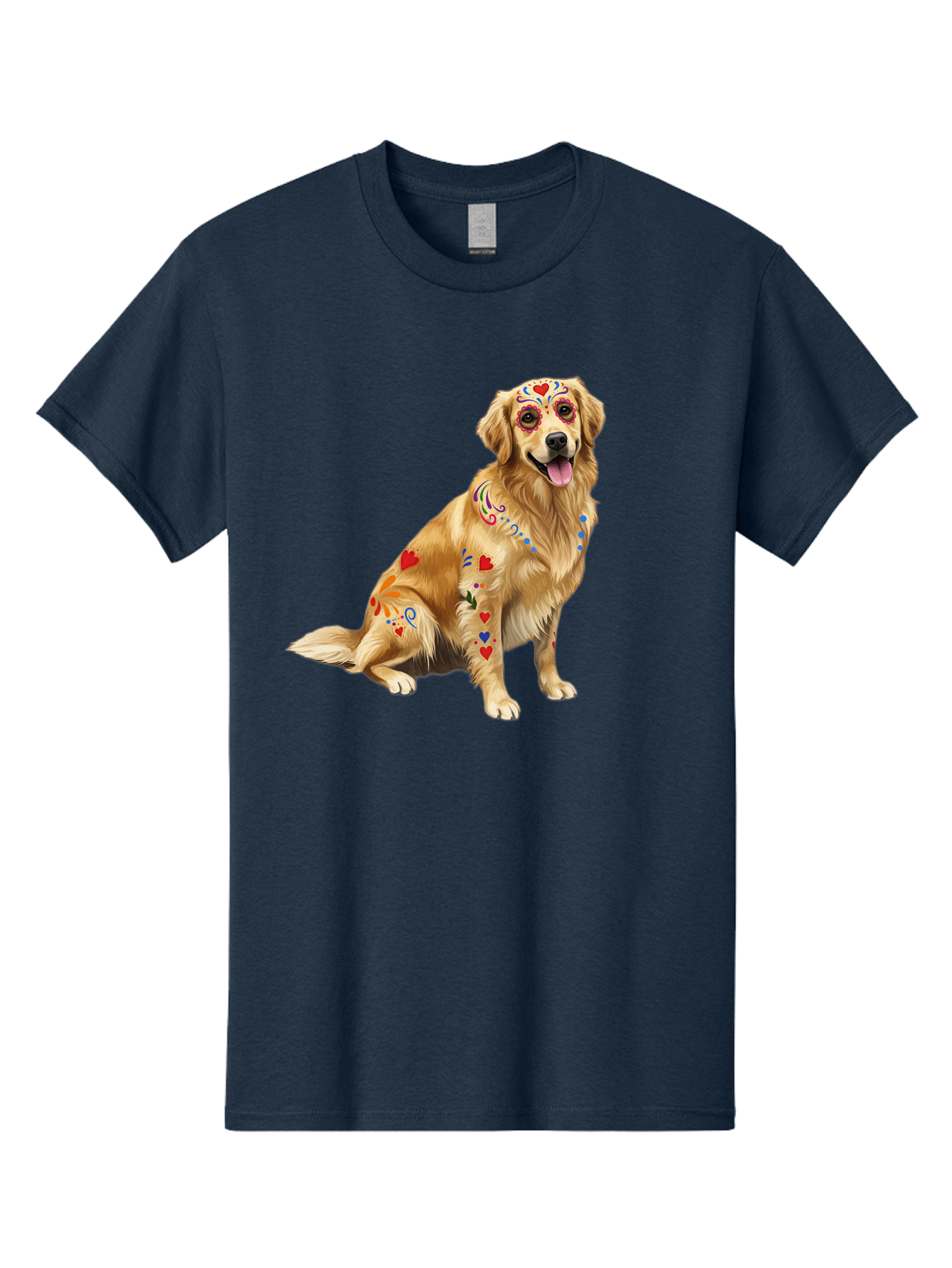 Sugar-Skull-Dog Men'S Graphic Tee, 100% Cotton, Comfortable Casual Summer Wear, Machine Washable, Golden Retriever, Sugar Skull Design, Colorful Tattoos, Heart Patterns, Festive Decoration, Dia De Los Muertos, Vibrant Artwork, Dog Portrait, Bac499 1