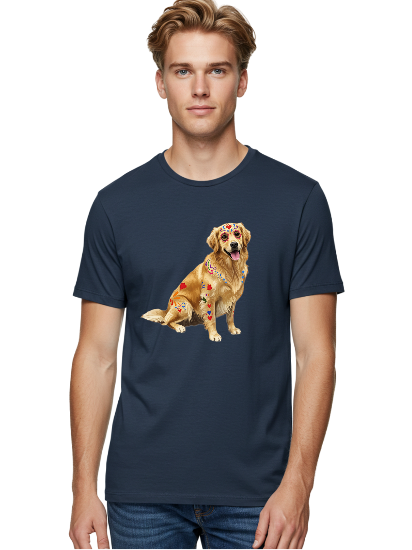Sugar-Skull-Dog Men'S Graphic Tee, 100% Cotton, Comfortable Casual Summer Wear, Machine Washable, Golden Retriever, Sugar Skull Design, Colorful Tattoos, Heart Patterns, Festive Decoration, Dia De Los Muertos, Vibrant Artwork, Dog Portrait, Bac499 16