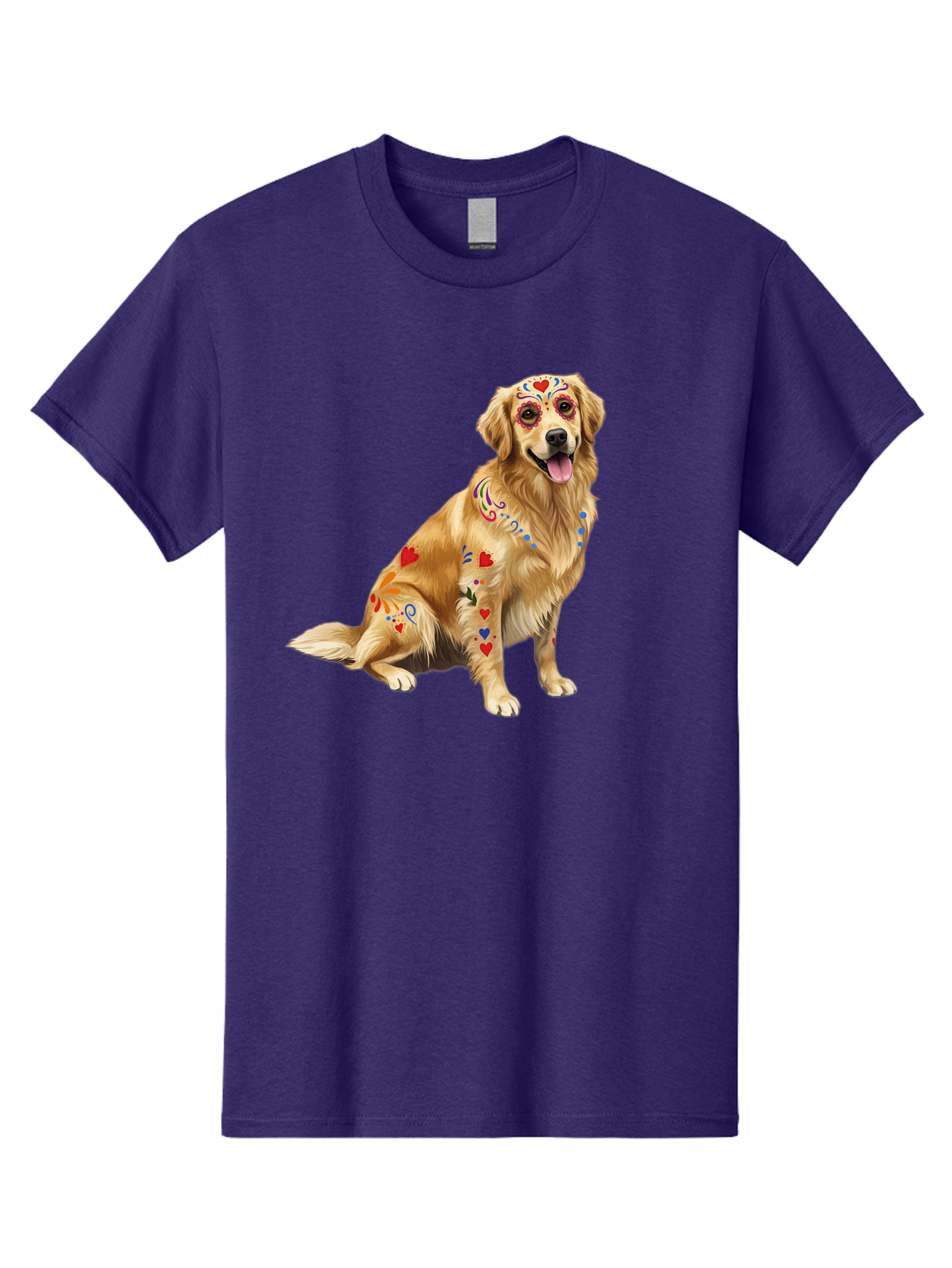 Sugar-Skull-Dog Men'S Graphic Tee, 100% Cotton, Comfortable Casual Summer Wear, Machine Washable, Golden Retriever, Sugar Skull Design, Colorful Tattoos, Heart Patterns, Festive Decoration, Dia De Los Muertos, Vibrant Artwork, Dog Portrait, Bac499 13