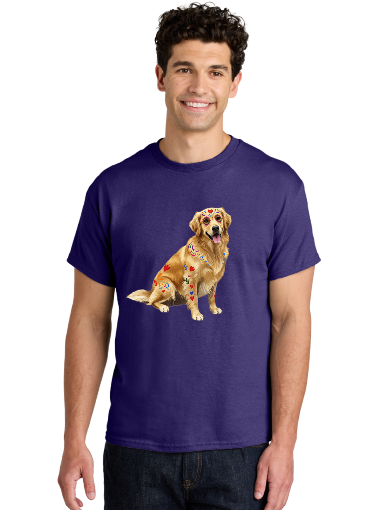 Sugar-Skull-Dog Men'S Graphic Tee, 100% Cotton, Comfortable Casual Summer Wear, Machine Washable, Golden Retriever, Sugar Skull Design, Colorful Tattoos, Heart Patterns, Festive Decoration, Dia De Los Muertos, Vibrant Artwork, Dog Portrait, Bac499 28