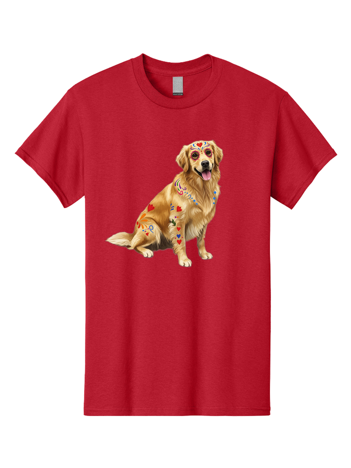 Sugar-Skull-Dog Men'S Graphic Tee, 100% Cotton, Comfortable Casual Summer Wear, Machine Washable, Golden Retriever, Sugar Skull Design, Colorful Tattoos, Heart Patterns, Festive Decoration, Dia De Los Muertos, Vibrant Artwork, Dog Portrait, Bac499 9