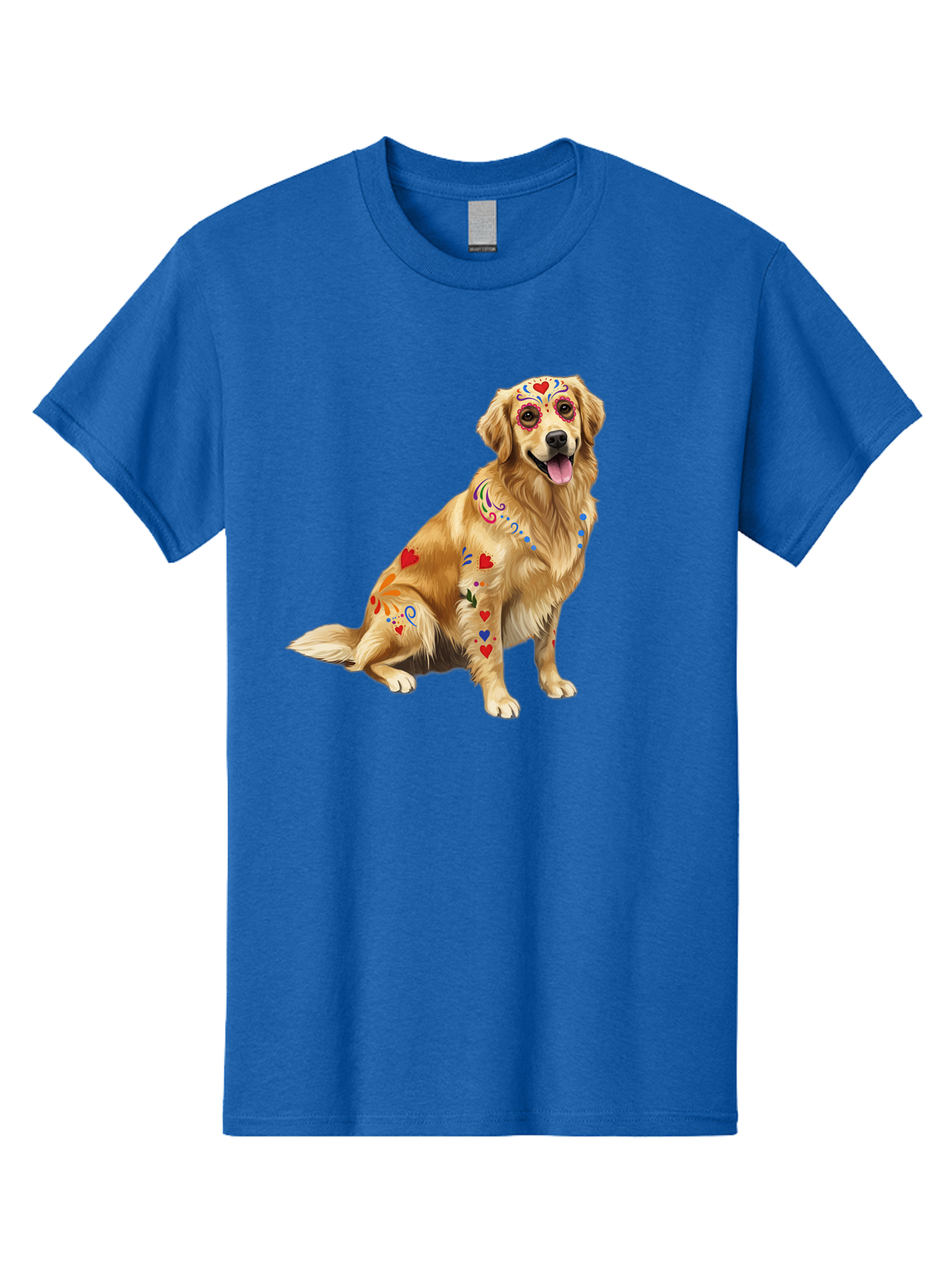 Sugar-Skull-Dog Men'S Graphic Tee, 100% Cotton, Comfortable Casual Summer Wear, Machine Washable, Golden Retriever, Sugar Skull Design, Colorful Tattoos, Heart Patterns, Festive Decoration, Dia De Los Muertos, Vibrant Artwork, Dog Portrait, Bac499 10