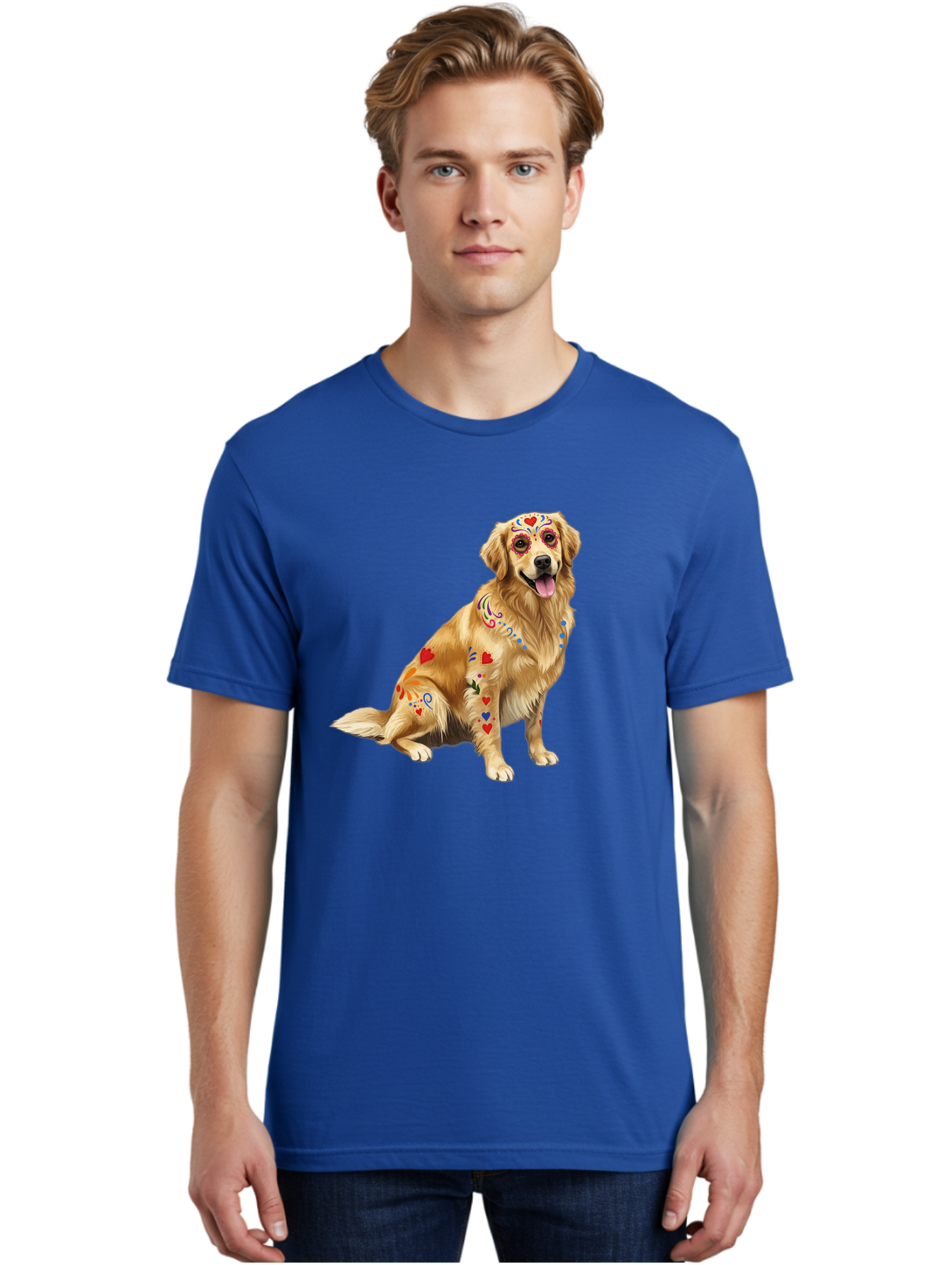 Sugar-Skull-Dog Men'S Graphic Tee, 100% Cotton, Comfortable Casual Summer Wear, Machine Washable, Golden Retriever, Sugar Skull Design, Colorful Tattoos, Heart Patterns, Festive Decoration, Dia De Los Muertos, Vibrant Artwork, Dog Portrait, Bac499 25