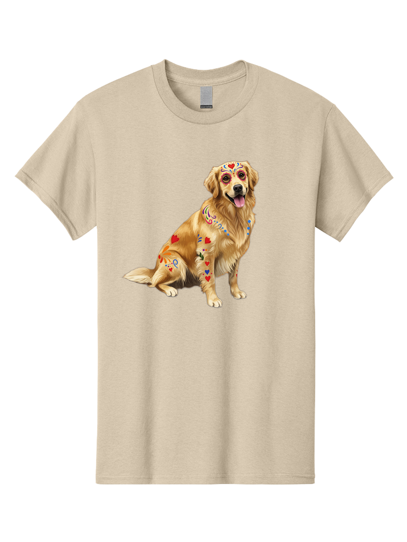 Sugar-Skull-Dog Men'S Graphic Tee, 100% Cotton, Comfortable Casual Summer Wear, Machine Washable, Golden Retriever, Sugar Skull Design, Colorful Tattoos, Heart Patterns, Festive Decoration, Dia De Los Muertos, Vibrant Artwork, Dog Portrait, Bac499 14