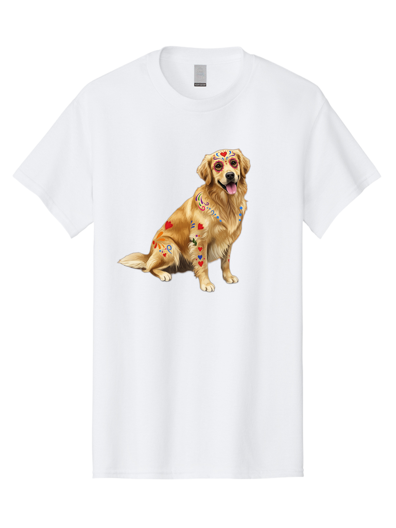 Sugar-Skull-Dog Men'S Graphic Tee, 100% Cotton, Comfortable Casual Summer Wear, Machine Washable, Golden Retriever, Sugar Skull Design, Colorful Tattoos, Heart Patterns, Festive Decoration, Dia De Los Muertos, Vibrant Artwork, Dog Portrait, Bac499 6