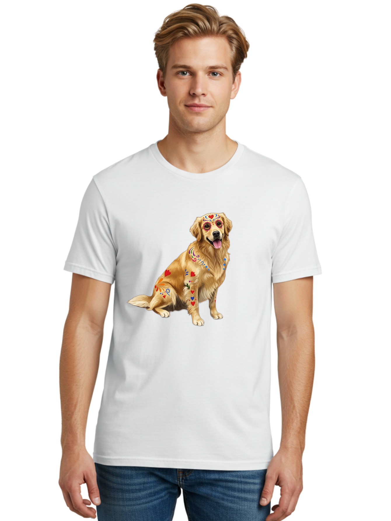 Sugar-Skull-Dog Men'S Graphic Tee, 100% Cotton, Comfortable Casual Summer Wear, Machine Washable, Golden Retriever, Sugar Skull Design, Colorful Tattoos, Heart Patterns, Festive Decoration, Dia De Los Muertos, Vibrant Artwork, Dog Portrait, Bac499 21