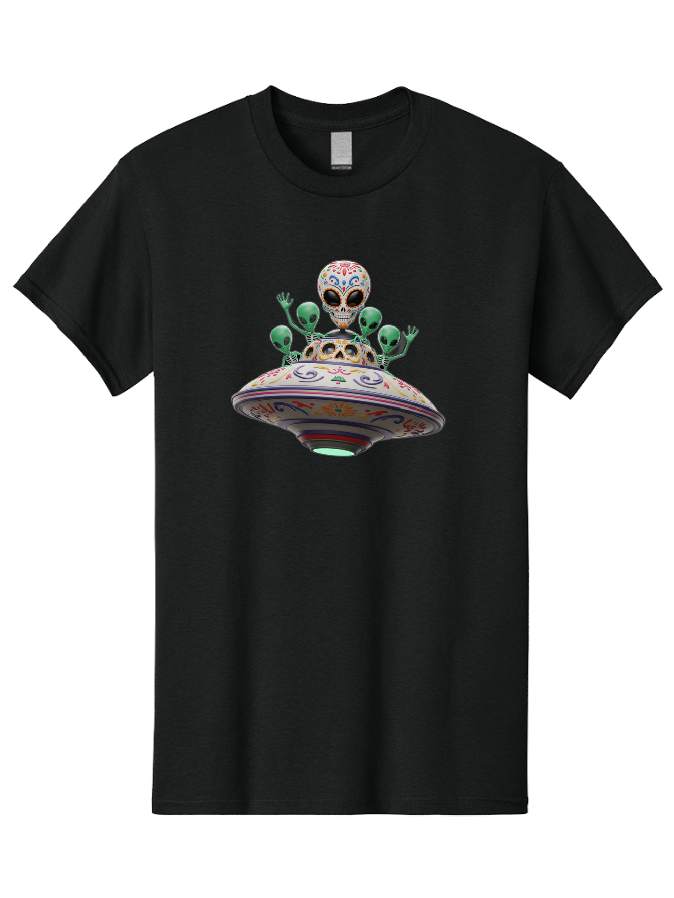 Sugar-Skulls-Ufo Men'S Graphic Tee, 100% Cotton, Comfortable Casual Summer Wear, Machine Washable, Sugar Skull, Aliens, Ufo, Day Of The Dead, Colorful Design, Whimsical Art, Mystical Creatures, Symbolic Representation, Fantasy, Bac500 5