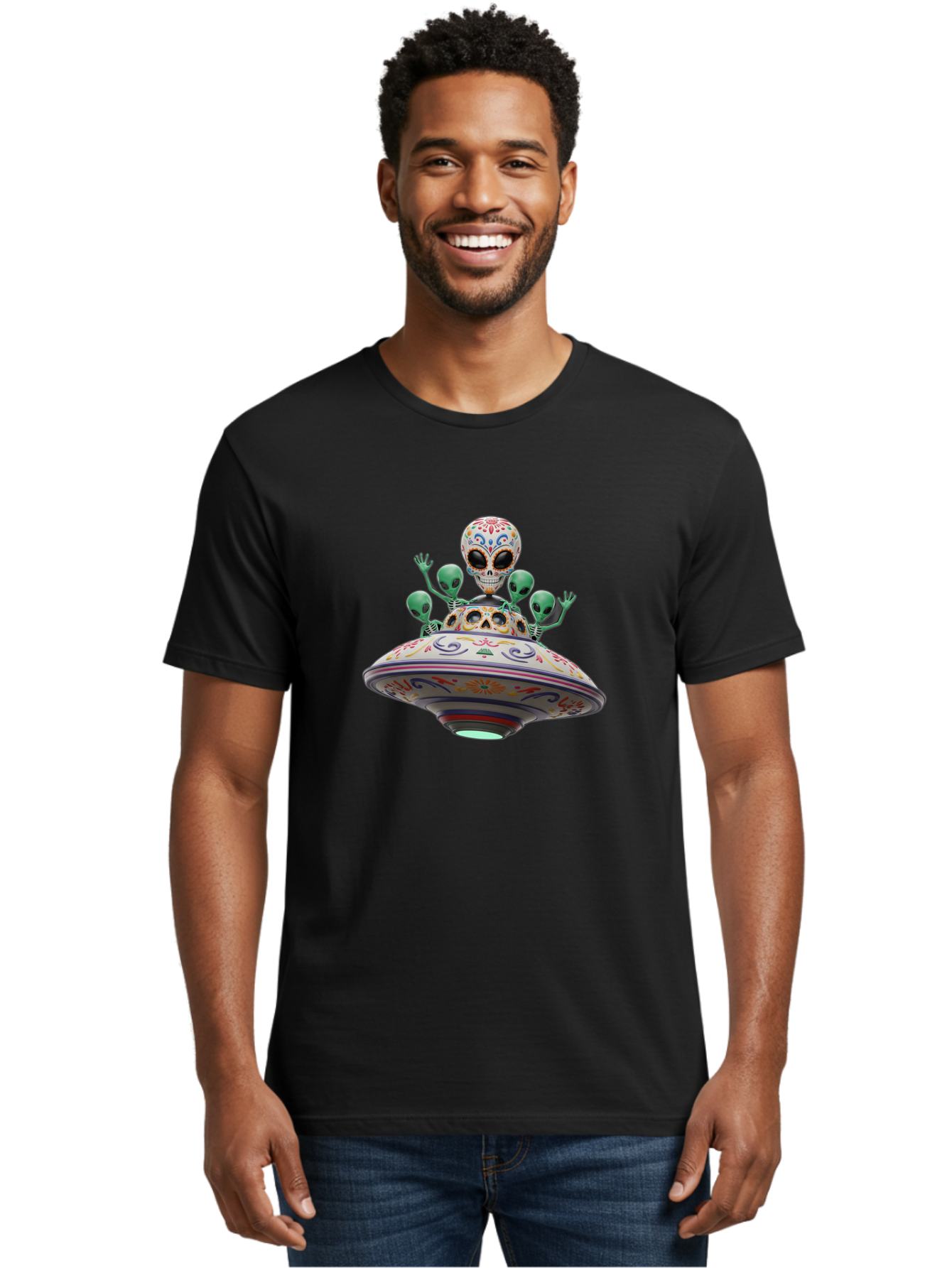 Sugar-Skulls-Ufo Men'S Graphic Tee, 100% Cotton, Comfortable Casual Summer Wear, Machine Washable, Sugar Skull, Aliens, Ufo, Day Of The Dead, Colorful Design, Whimsical Art, Mystical Creatures, Symbolic Representation, Fantasy, Bac500 20