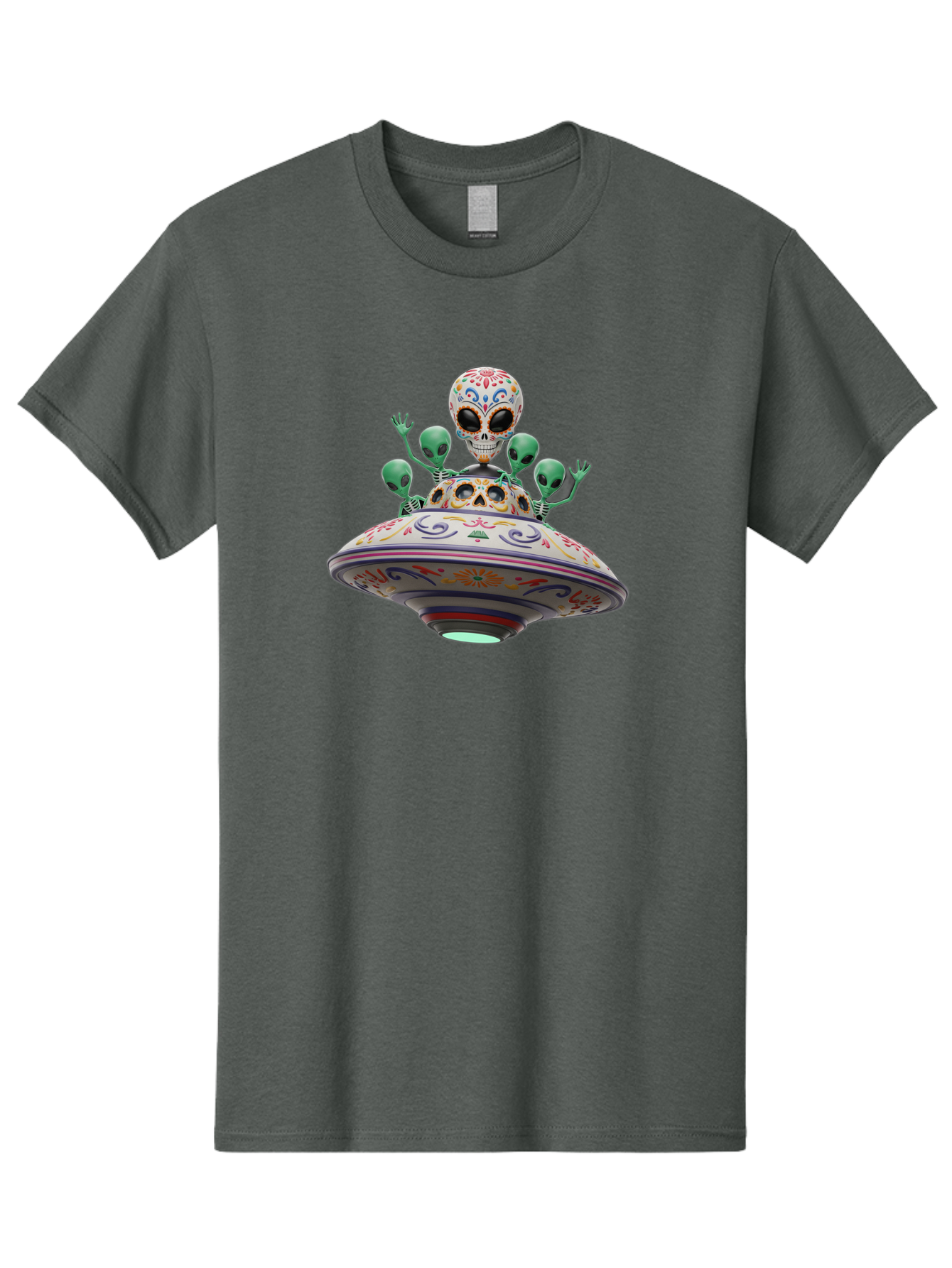 Sugar-Skulls-Ufo Men'S Graphic Tee, 100% Cotton, Comfortable Casual Summer Wear, Machine Washable, Sugar Skull, Aliens, Ufo, Day Of The Dead, Colorful Design, Whimsical Art, Mystical Creatures, Symbolic Representation, Fantasy, Bac500 15