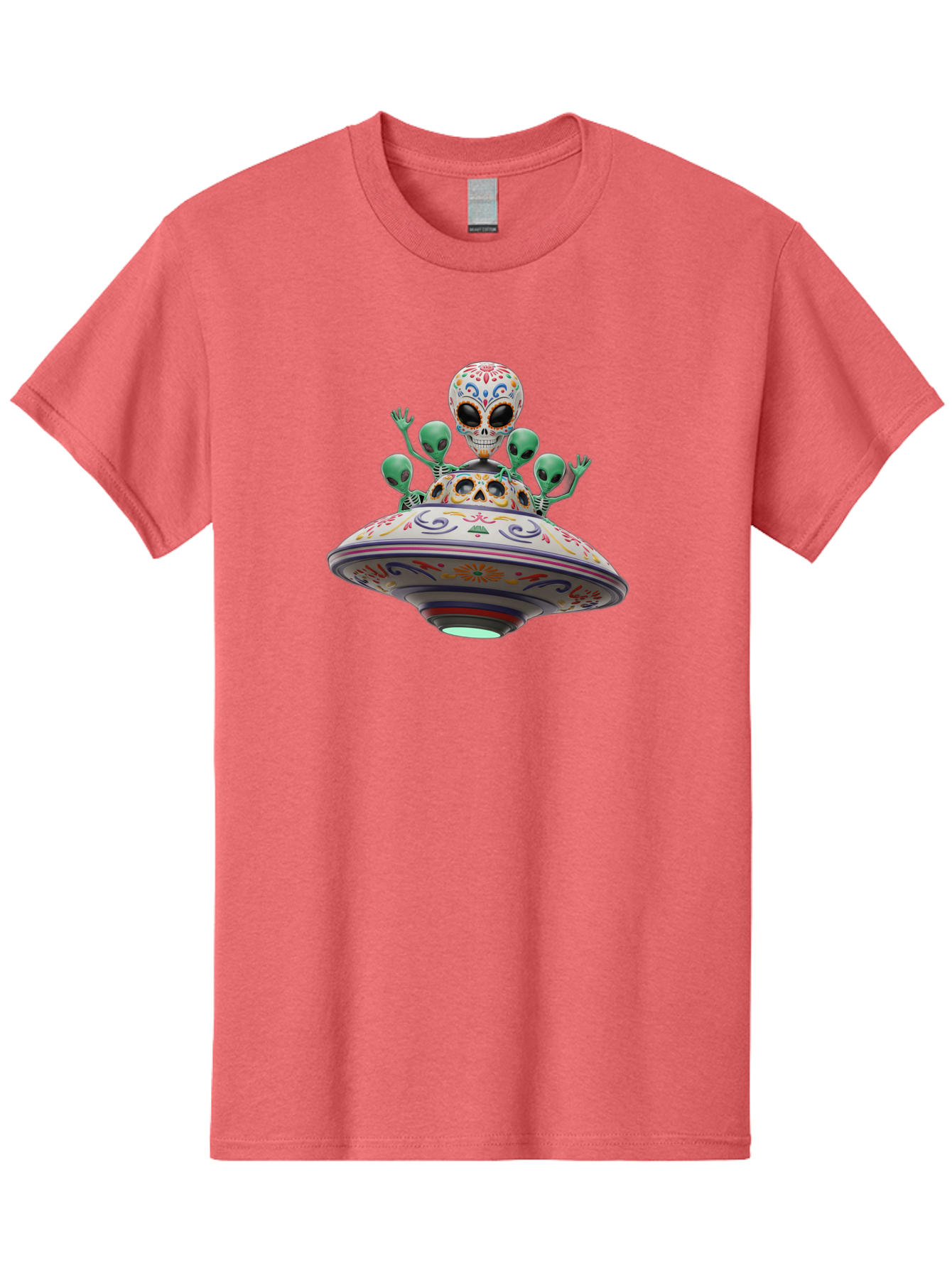Sugar-Skulls-Ufo Men'S Graphic Tee, 100% Cotton, Comfortable Casual Summer Wear, Machine Washable, Sugar Skull, Aliens, Ufo, Day Of The Dead, Colorful Design, Whimsical Art, Mystical Creatures, Symbolic Representation, Fantasy, Bac500 14