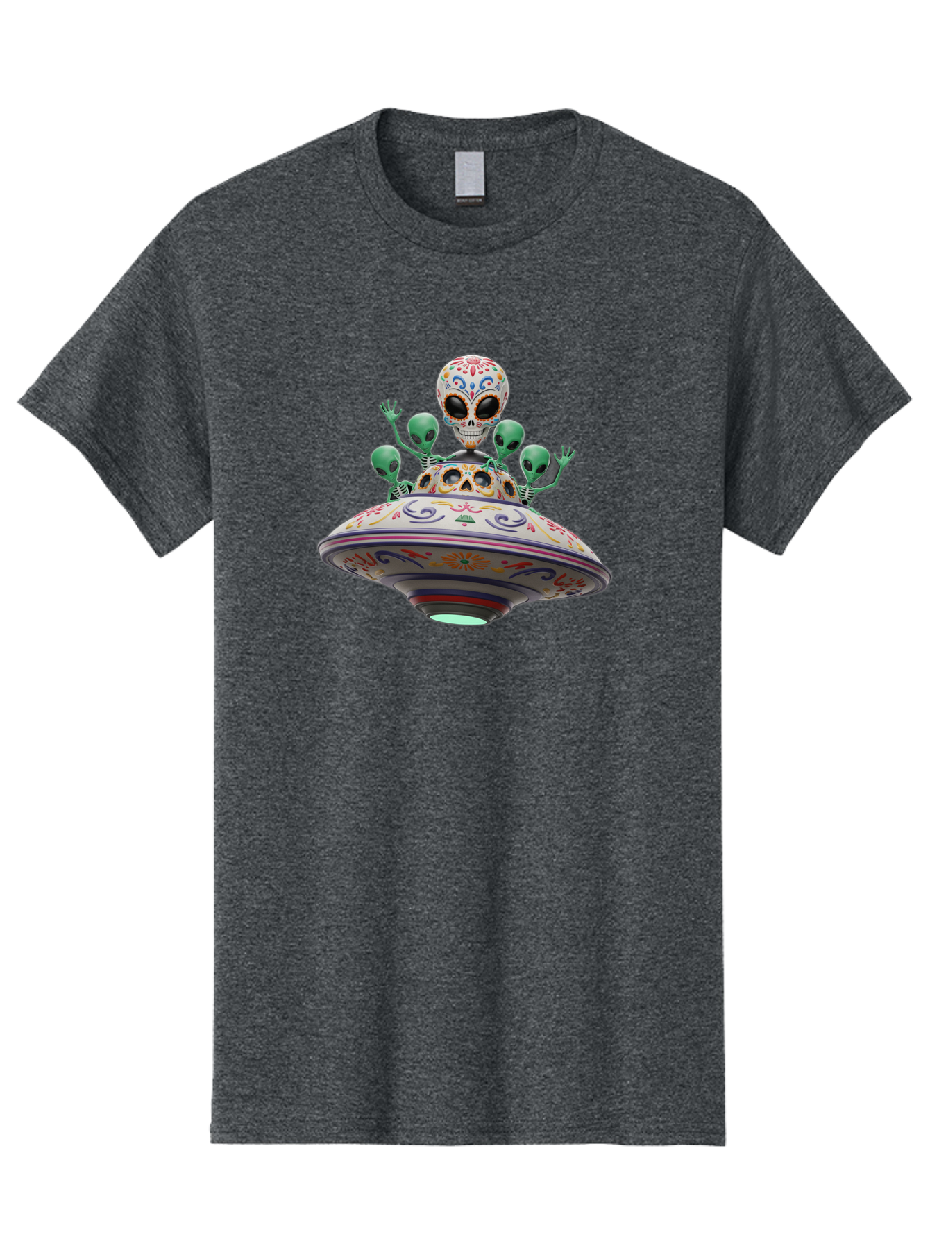 Sugar-Skulls-Ufo Men'S Graphic Tee, 100% Cotton, Comfortable Casual Summer Wear, Machine Washable, Sugar Skull, Aliens, Ufo, Day Of The Dead, Colorful Design, Whimsical Art, Mystical Creatures, Symbolic Representation, Fantasy, Bac500 2