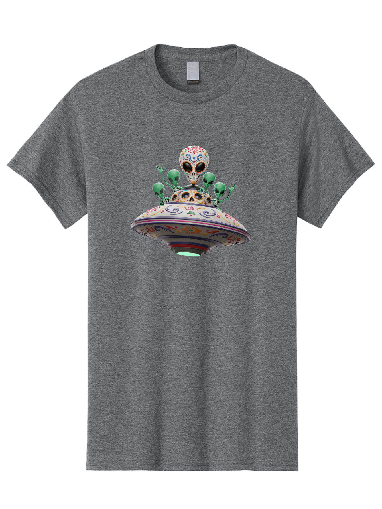 Sugar-Skulls-Ufo Men'S Graphic Tee, 100% Cotton, Comfortable Casual Summer Wear, Machine Washable, Sugar Skull, Aliens, Ufo, Day Of The Dead, Colorful Design, Whimsical Art, Mystical Creatures, Symbolic Representation, Fantasy, Bac500 10