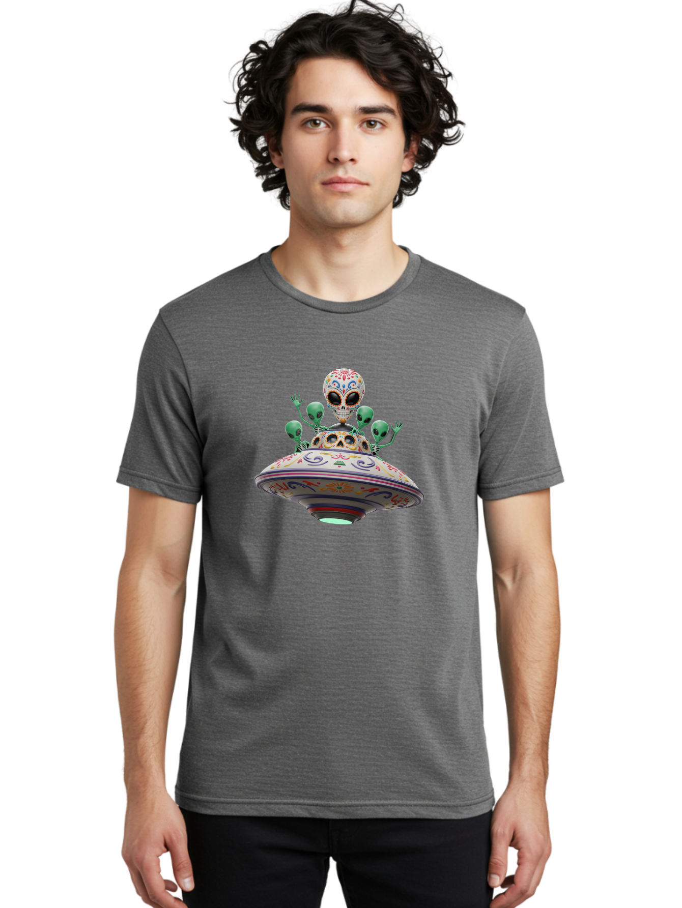 Sugar-Skulls-Ufo Men'S Graphic Tee, 100% Cotton, Comfortable Casual Summer Wear, Machine Washable, Sugar Skull, Aliens, Ufo, Day Of The Dead, Colorful Design, Whimsical Art, Mystical Creatures, Symbolic Representation, Fantasy, Bac500 25