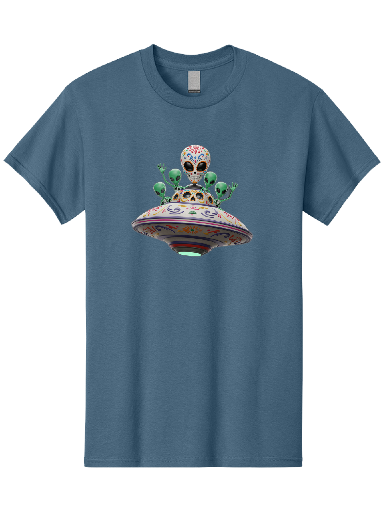 Sugar-Skulls-Ufo Men'S Graphic Tee, 100% Cotton, Comfortable Casual Summer Wear, Machine Washable, Sugar Skull, Aliens, Ufo, Day Of The Dead, Colorful Design, Whimsical Art, Mystical Creatures, Symbolic Representation, Fantasy, Bac500 9