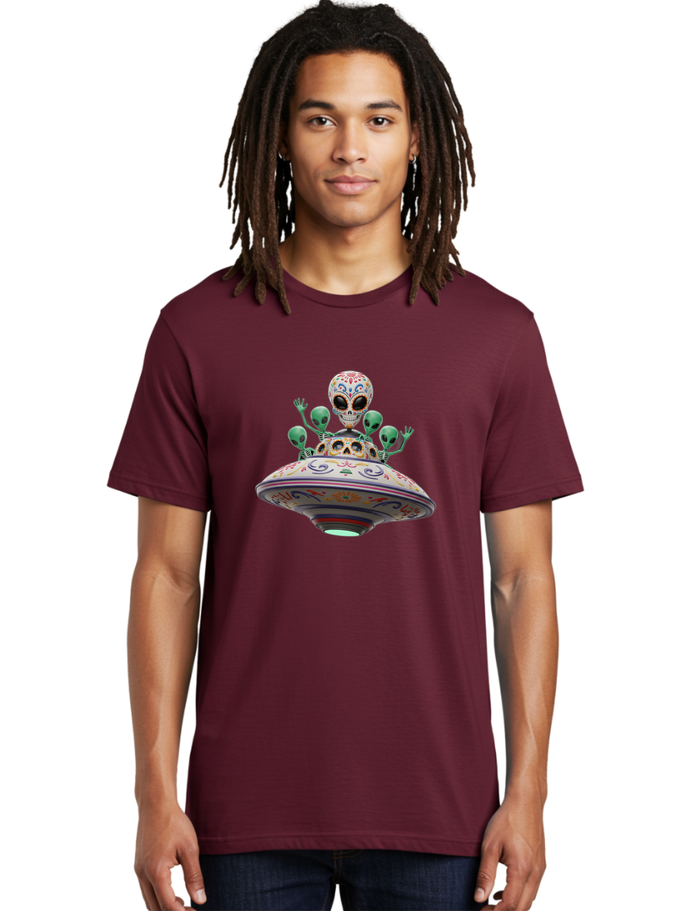 Sugar-Skulls-Ufo Men'S Graphic Tee, 100% Cotton, Comfortable Casual Summer Wear, Machine Washable, Sugar Skull, Aliens, Ufo, Day Of The Dead, Colorful Design, Whimsical Art, Mystical Creatures, Symbolic Representation, Fantasy, Bac500 19