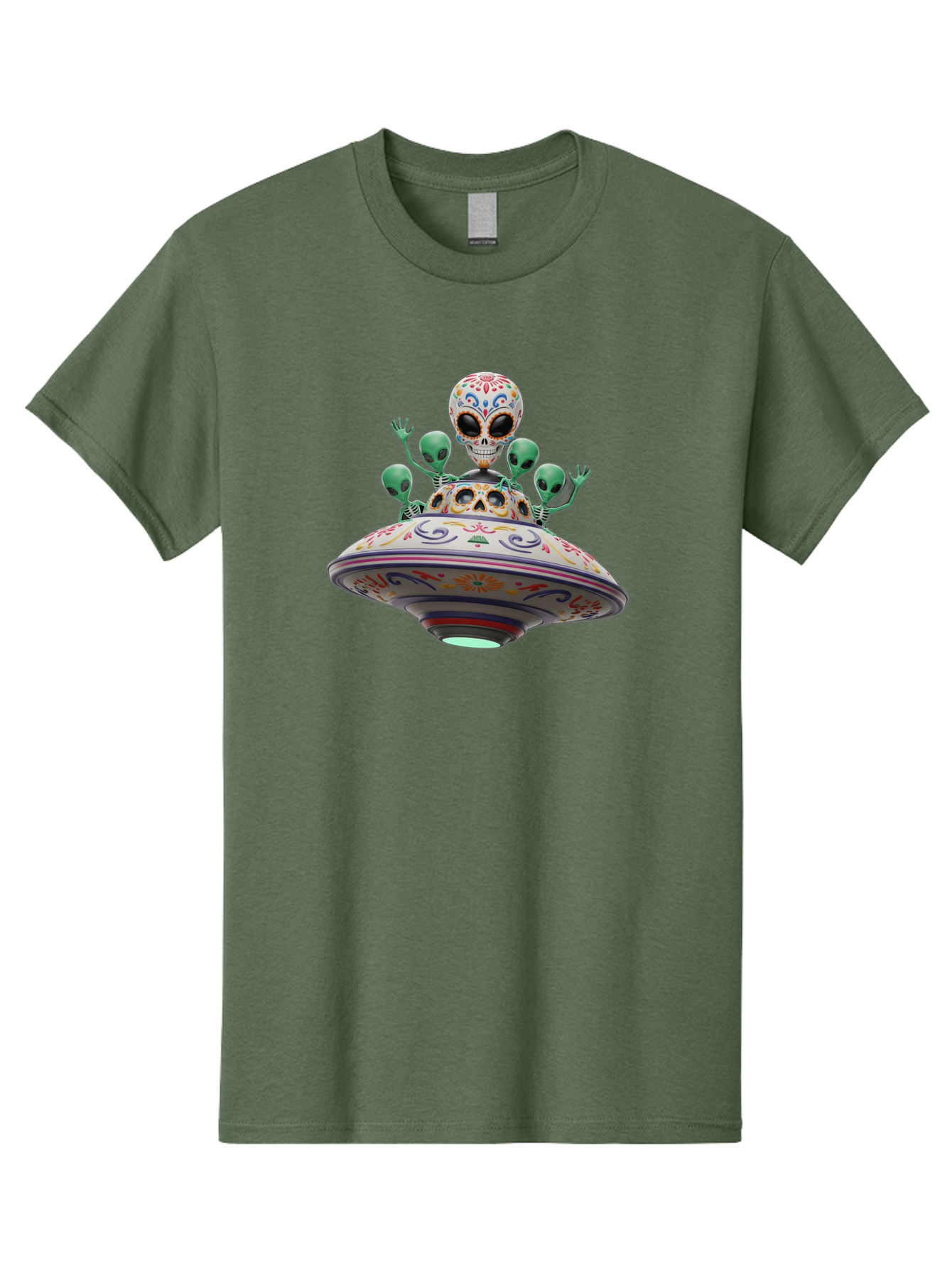 Sugar-Skulls-Ufo Men'S Graphic Tee, 100% Cotton, Comfortable Casual Summer Wear, Machine Washable, Sugar Skull, Aliens, Ufo, Day Of The Dead, Colorful Design, Whimsical Art, Mystical Creatures, Symbolic Representation, Fantasy, Bac500 11