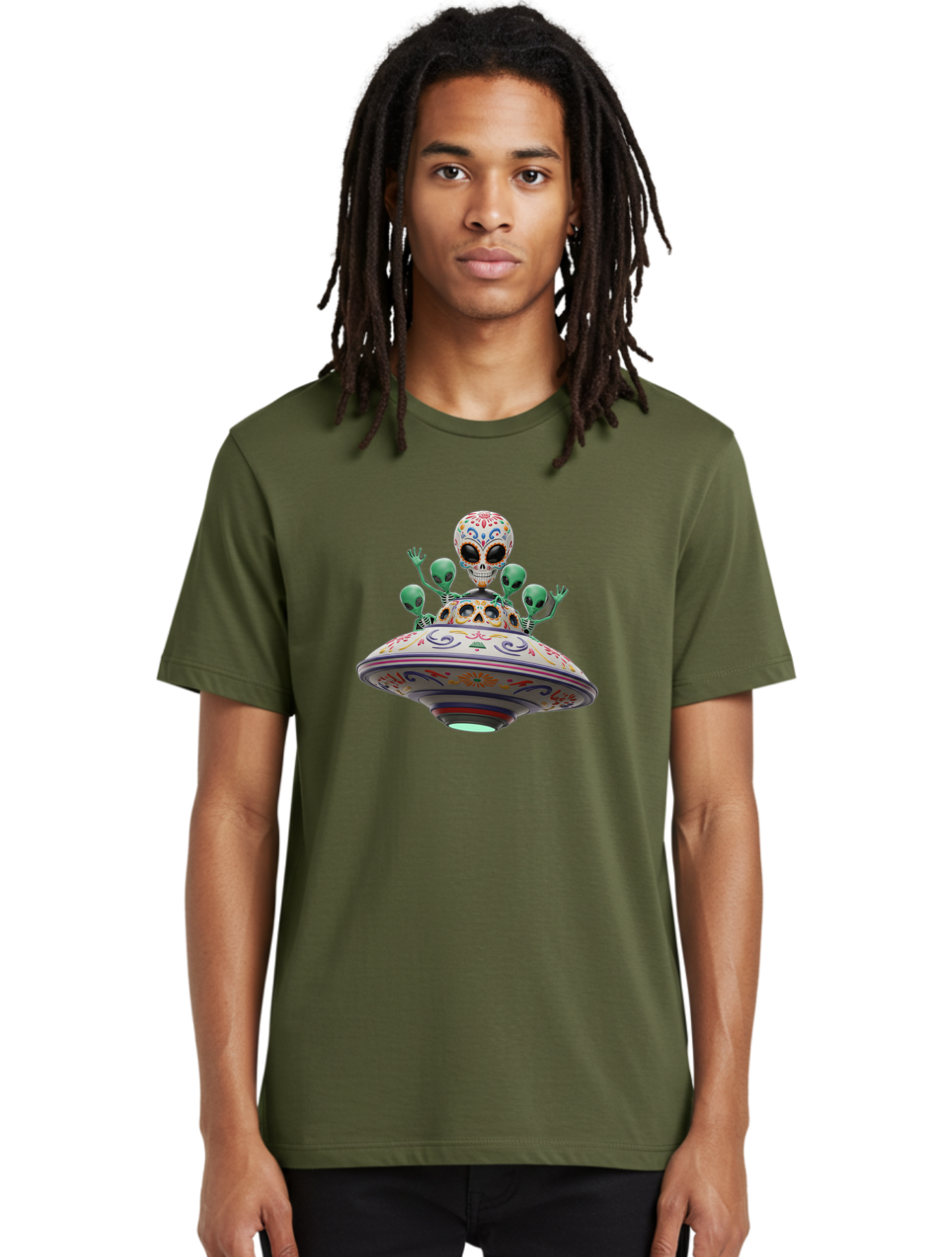 Sugar-Skulls-Ufo Men'S Graphic Tee, 100% Cotton, Comfortable Casual Summer Wear, Machine Washable, Sugar Skull, Aliens, Ufo, Day Of The Dead, Colorful Design, Whimsical Art, Mystical Creatures, Symbolic Representation, Fantasy, Bac500 26