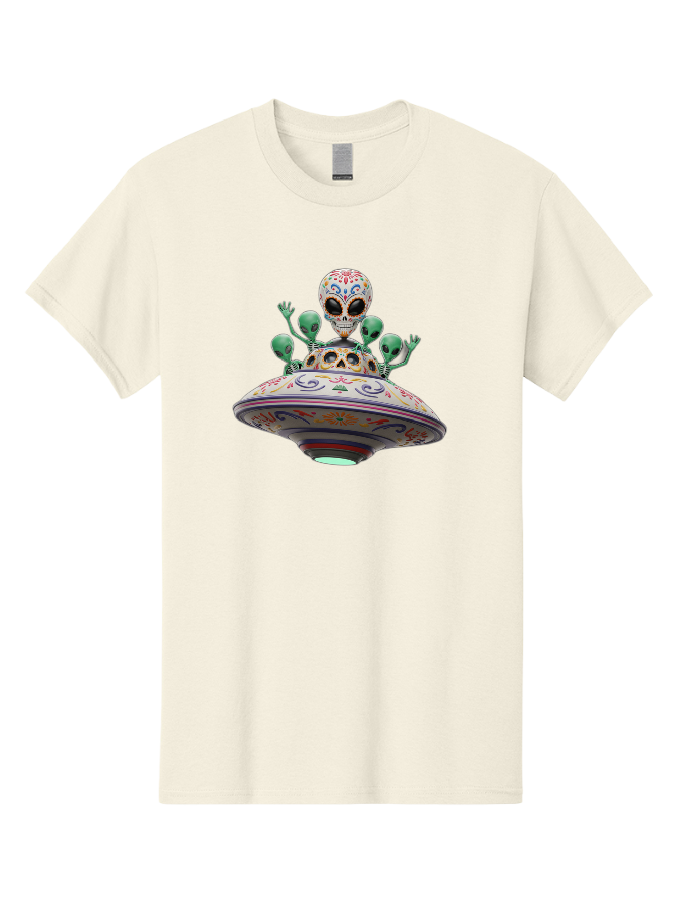Sugar-Skulls-Ufo Men'S Graphic Tee, 100% Cotton, Comfortable Casual Summer Wear, Machine Washable, Sugar Skull, Aliens, Ufo, Day Of The Dead, Colorful Design, Whimsical Art, Mystical Creatures, Symbolic Representation, Fantasy, Bac500 8
