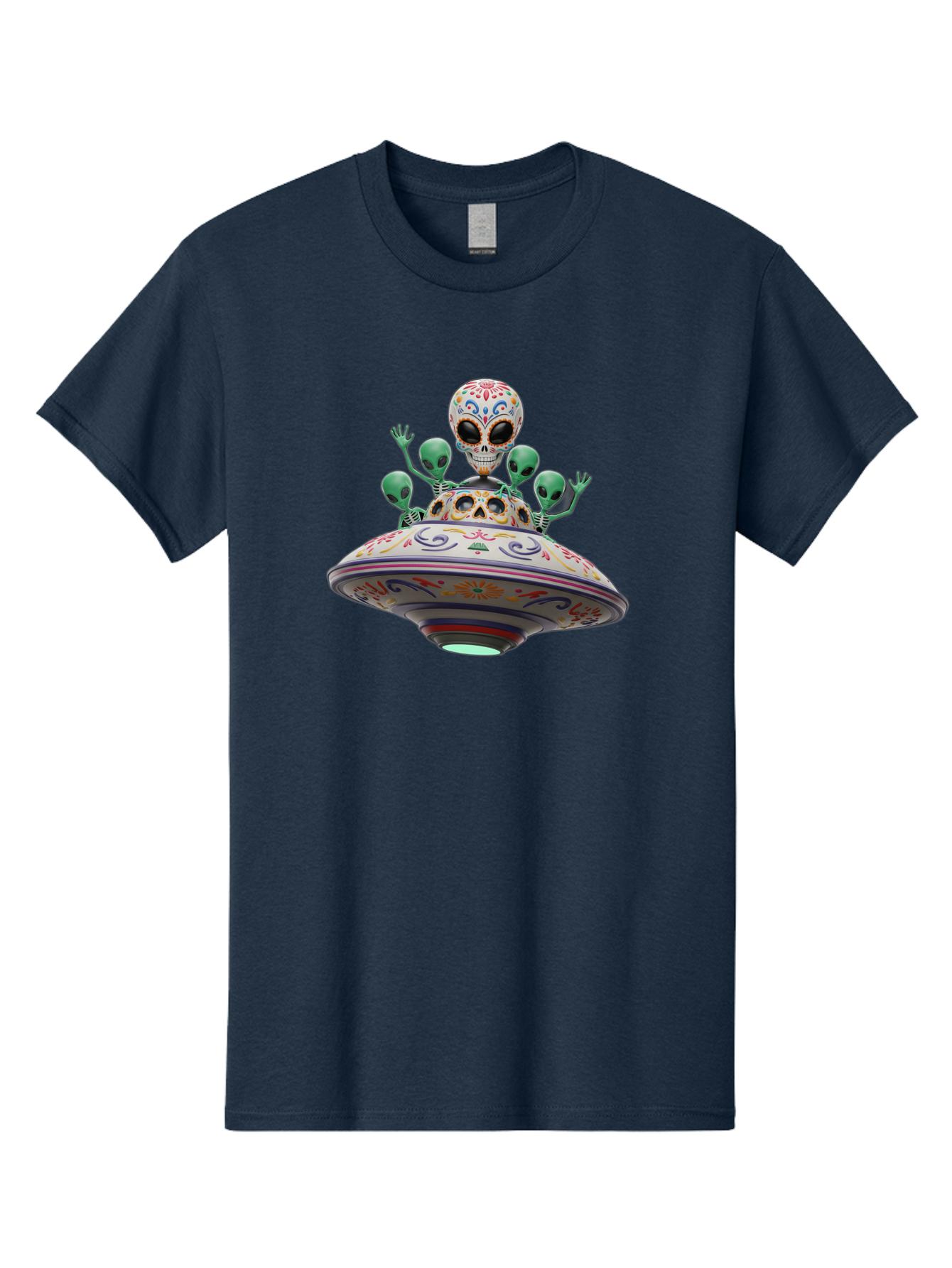 Sugar-Skulls-Ufo Men'S Graphic Tee, 100% Cotton, Comfortable Casual Summer Wear, Machine Washable, Sugar Skull, Aliens, Ufo, Day Of The Dead, Colorful Design, Whimsical Art, Mystical Creatures, Symbolic Representation, Fantasy, Bac500 7