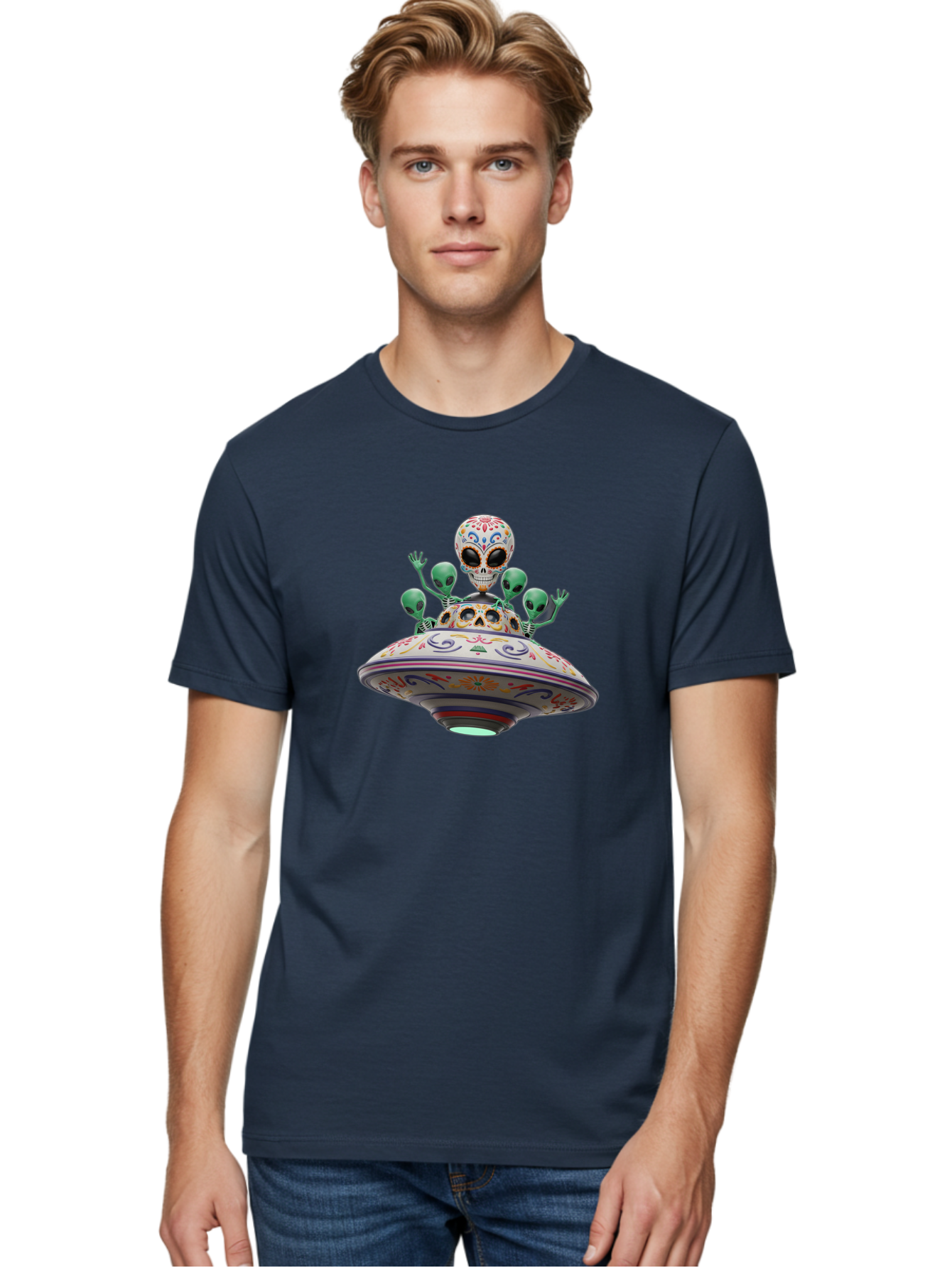 Sugar-Skulls-Ufo Men'S Graphic Tee, 100% Cotton, Comfortable Casual Summer Wear, Machine Washable, Sugar Skull, Aliens, Ufo, Day Of The Dead, Colorful Design, Whimsical Art, Mystical Creatures, Symbolic Representation, Fantasy, Bac500 22