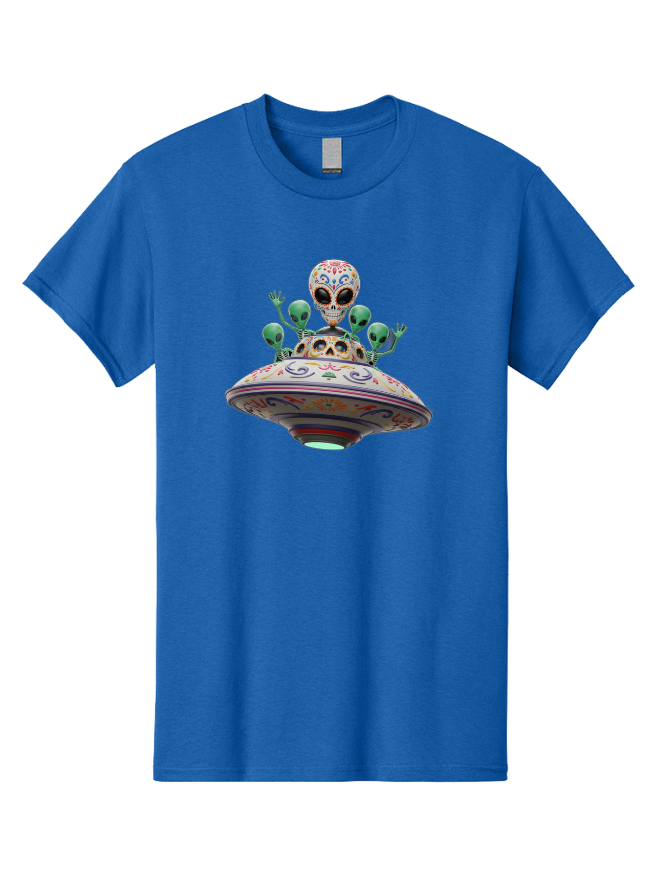 Sugar-Skulls-Ufo Men'S Graphic Tee, 100% Cotton, Comfortable Casual Summer Wear, Machine Washable, Sugar Skull, Aliens, Ufo, Day Of The Dead, Colorful Design, Whimsical Art, Mystical Creatures, Symbolic Representation, Fantasy, Bac500 1
