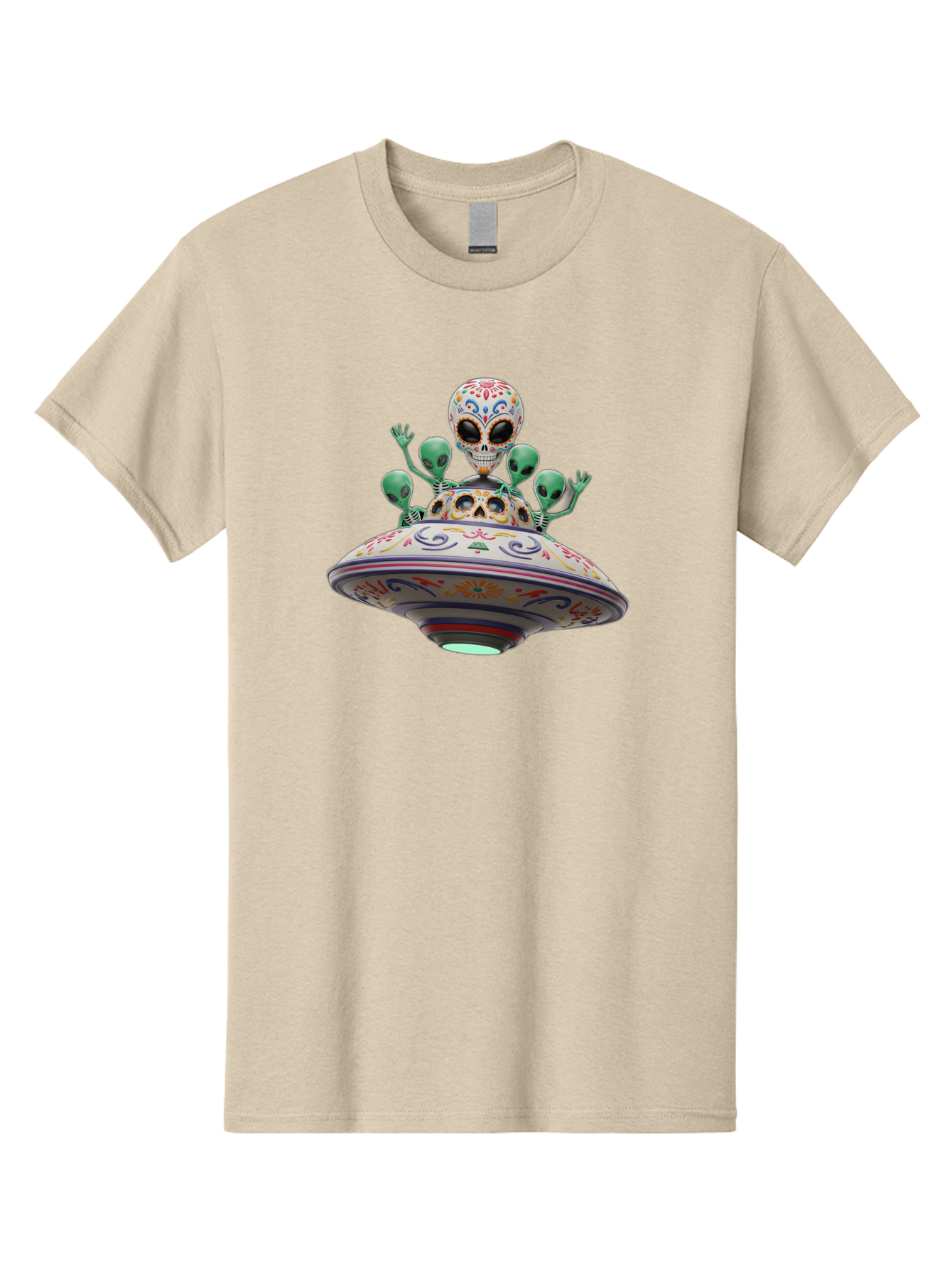Sugar-Skulls-Ufo Men'S Graphic Tee, 100% Cotton, Comfortable Casual Summer Wear, Machine Washable, Sugar Skull, Aliens, Ufo, Day Of The Dead, Colorful Design, Whimsical Art, Mystical Creatures, Symbolic Representation, Fantasy, Bac500 3
