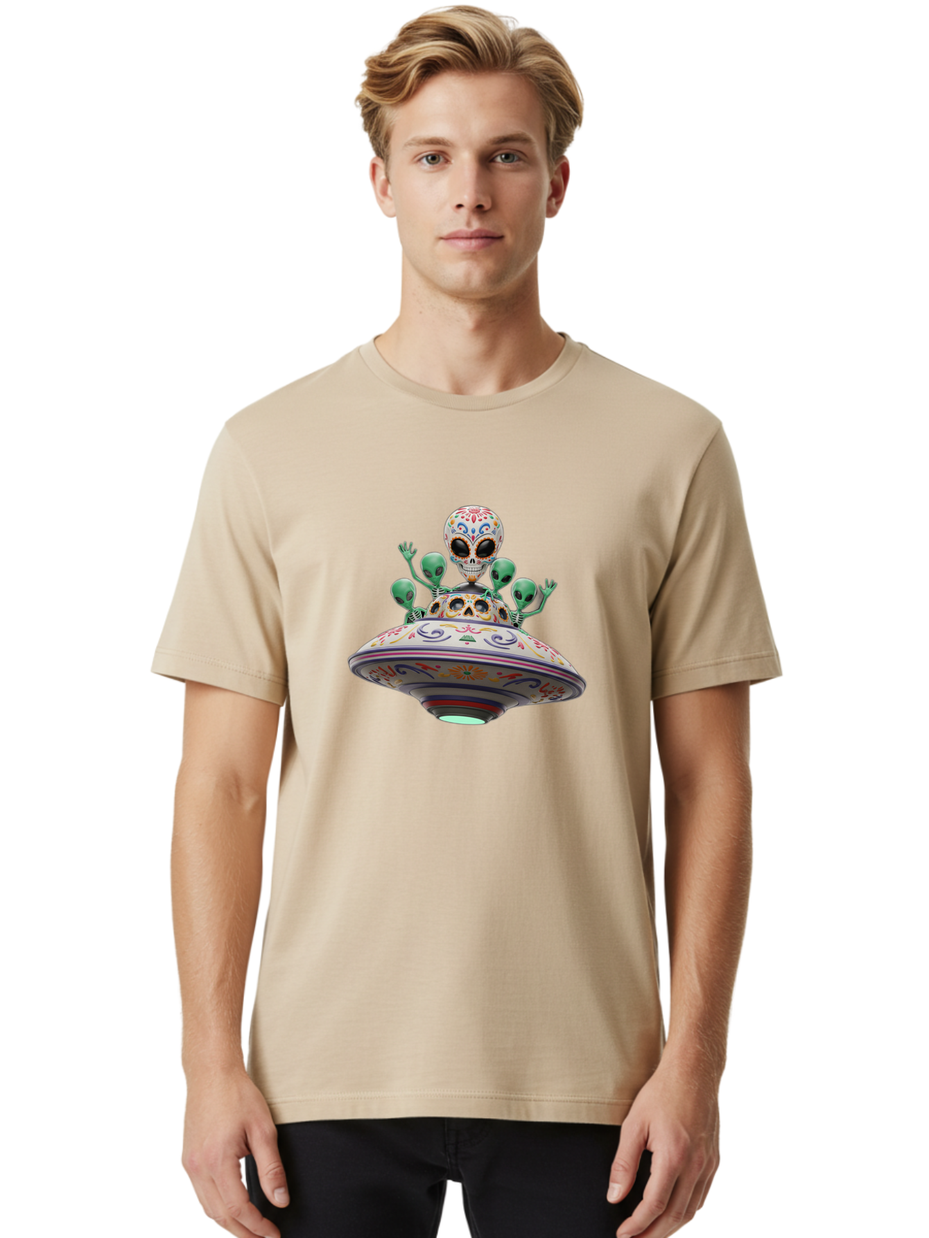 Sugar-Skulls-Ufo Men'S Graphic Tee, 100% Cotton, Comfortable Casual Summer Wear, Machine Washable, Sugar Skull, Aliens, Ufo, Day Of The Dead, Colorful Design, Whimsical Art, Mystical Creatures, Symbolic Representation, Fantasy, Bac500 18
