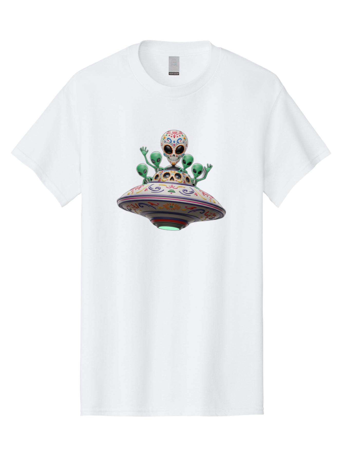 Sugar-Skulls-Ufo Men'S Graphic Tee, 100% Cotton, Comfortable Casual Summer Wear, Machine Washable, Sugar Skull, Aliens, Ufo, Day Of The Dead, Colorful Design, Whimsical Art, Mystical Creatures, Symbolic Representation, Fantasy, Bac500 12