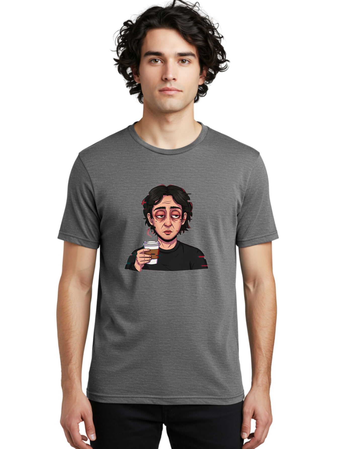 Tired-Woman-With-Coffee Men'S Graphic Tee, 100% Cotton, Comfortable Casual Summer Wear, Machine Washable, Tired Person, Coffee Cup, Morning Routine, Coffee Break, Relaxed Atmosphere, Casual Wear, Sleepy Expression, Coffee Lover Bac522 19