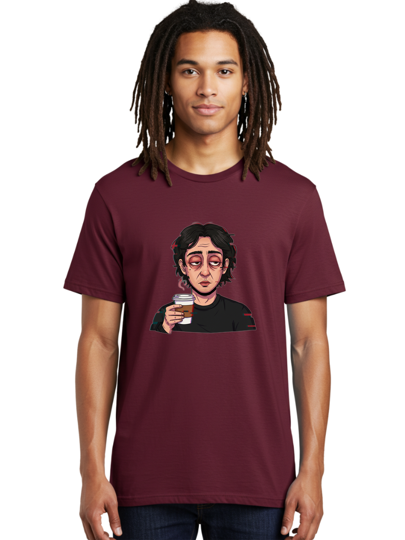 Tired-Woman-With-Coffee Men'S Graphic Tee, 100% Cotton, Comfortable Casual Summer Wear, Machine Washable, Tired Person, Coffee Cup, Morning Routine, Coffee Break, Relaxed Atmosphere, Casual Wear, Sleepy Expression, Coffee Lover Bac522 20