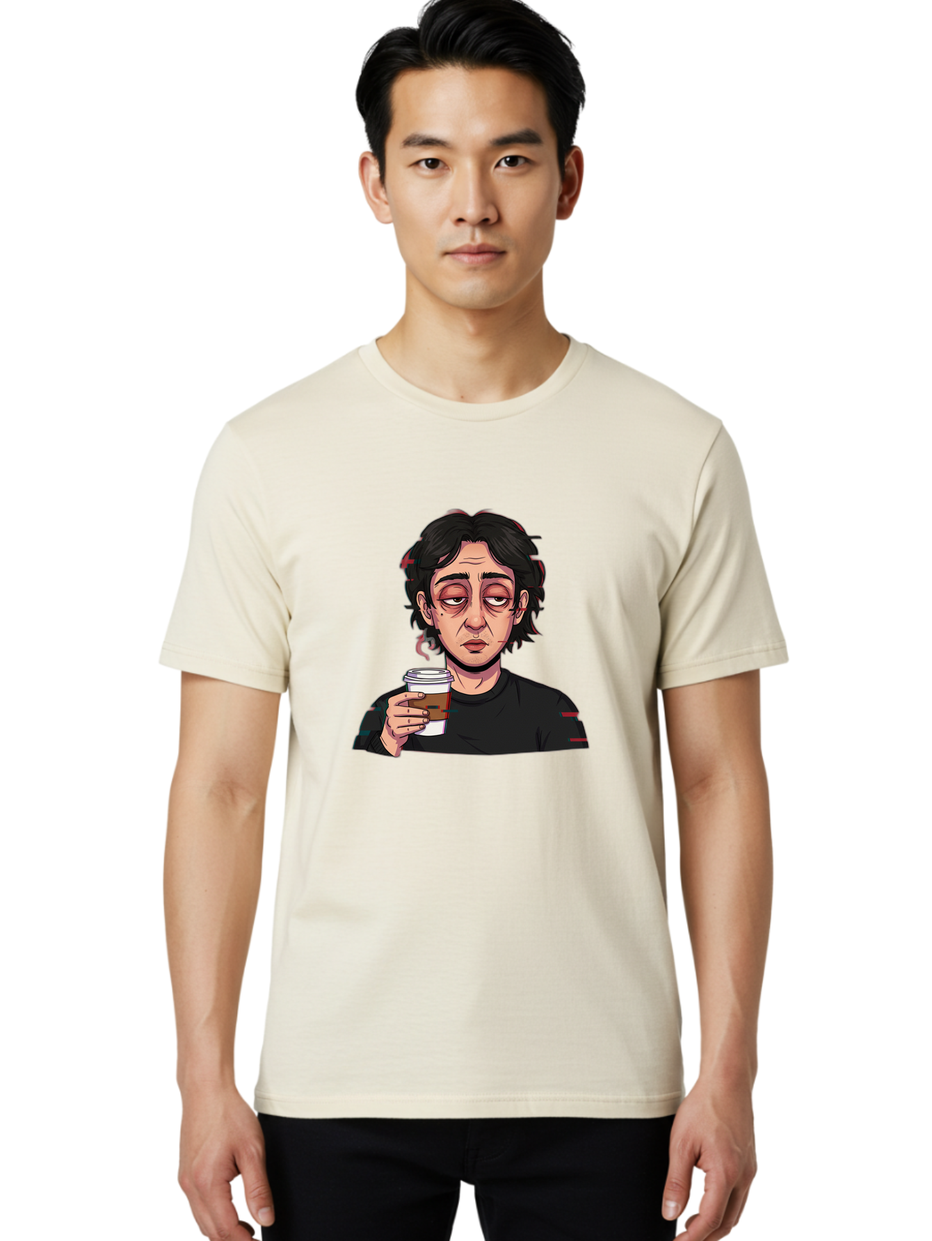 Tired-Woman-With-Coffee Men'S Graphic Tee, 100% Cotton, Comfortable Casual Summer Wear, Machine Washable, Tired Person, Coffee Cup, Morning Routine, Coffee Break, Relaxed Atmosphere, Casual Wear, Sleepy Expression, Coffee Lover Bac522 26