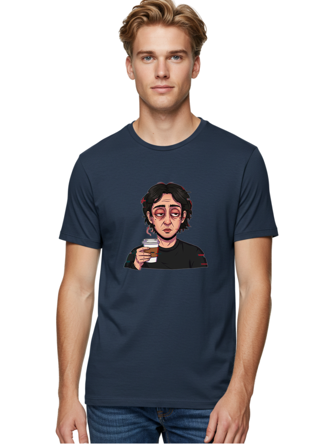 Tired-Woman-With-Coffee Men'S Graphic Tee, 100% Cotton, Comfortable Casual Summer Wear, Machine Washable, Tired Person, Coffee Cup, Morning Routine, Coffee Break, Relaxed Atmosphere, Casual Wear, Sleepy Expression, Coffee Lover Bac522 22