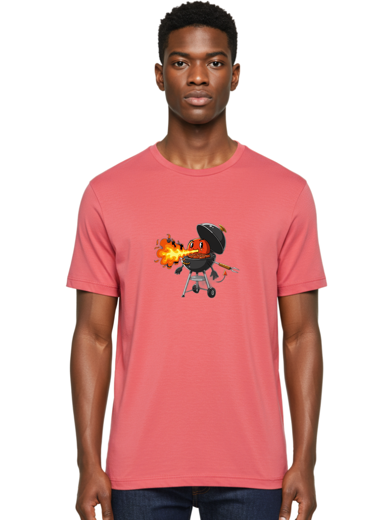 Tomato-In-Grill Men'S Graphic Tee, 100% Cotton, Comfortable Casual Summer Wear, Machine Washable, Tomato Grilling On Barbecue, Cartoon Character, Chef Illustration, Kitchen Humor, Funny Food, Barbecue Cooking, Comical Vegetable, Sizzling Hot Bac523 29