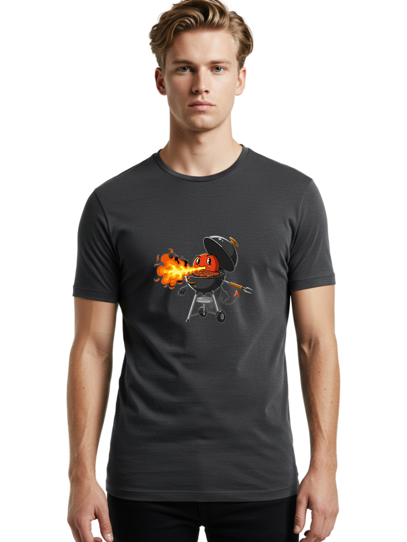 Tomato-In-Grill Men'S Graphic Tee, 100% Cotton, Comfortable Casual Summer Wear, Machine Washable, Tomato Grilling On Barbecue, Cartoon Character, Chef Illustration, Kitchen Humor, Funny Food, Barbecue Cooking, Comical Vegetable, Sizzling Hot Bac523 26