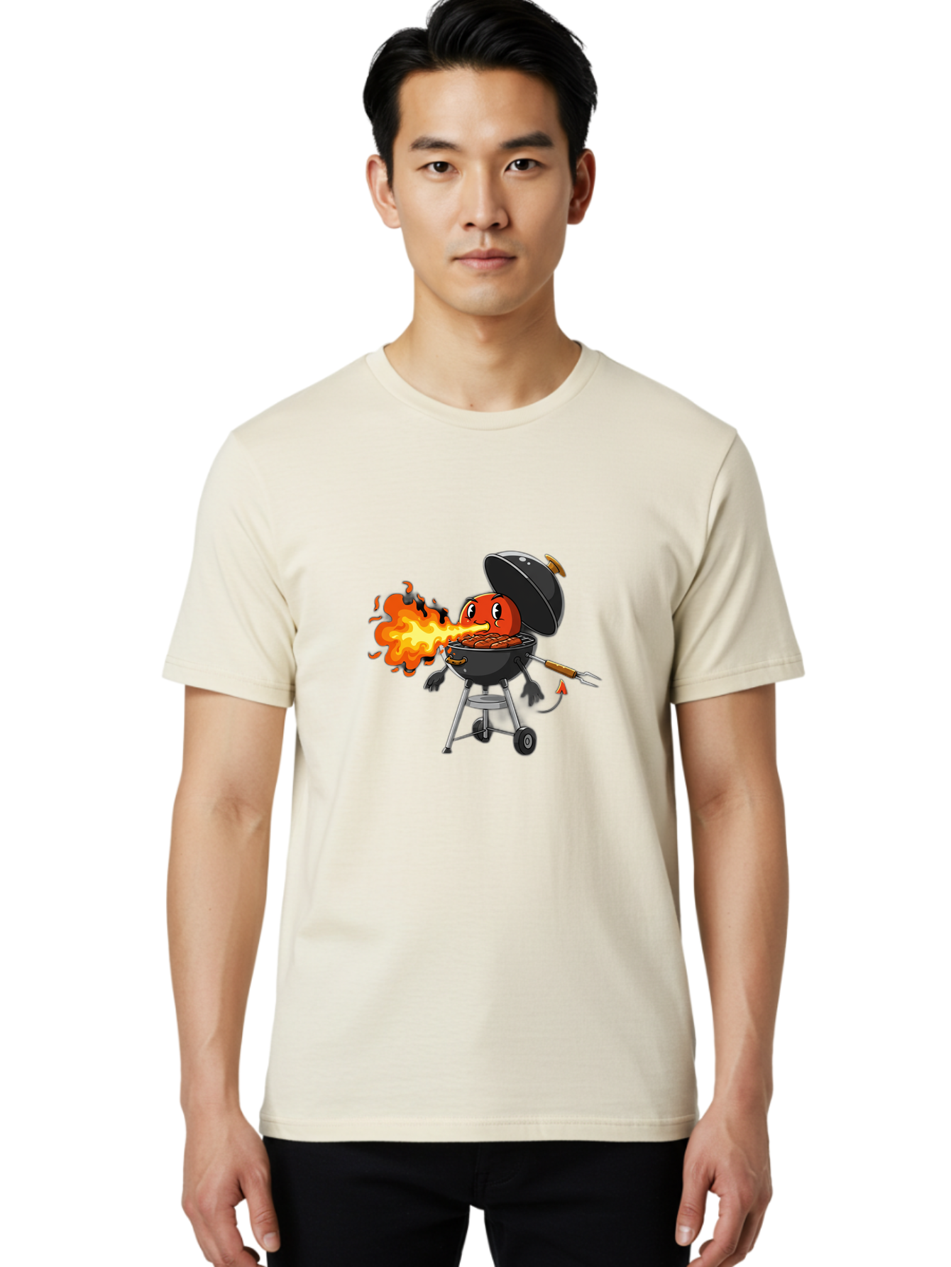 Tomato-In-Grill Men'S Graphic Tee, 100% Cotton, Comfortable Casual Summer Wear, Machine Washable, Tomato Grilling On Barbecue, Cartoon Character, Chef Illustration, Kitchen Humor, Funny Food, Barbecue Cooking, Comical Vegetable, Sizzling Hot Bac523 23