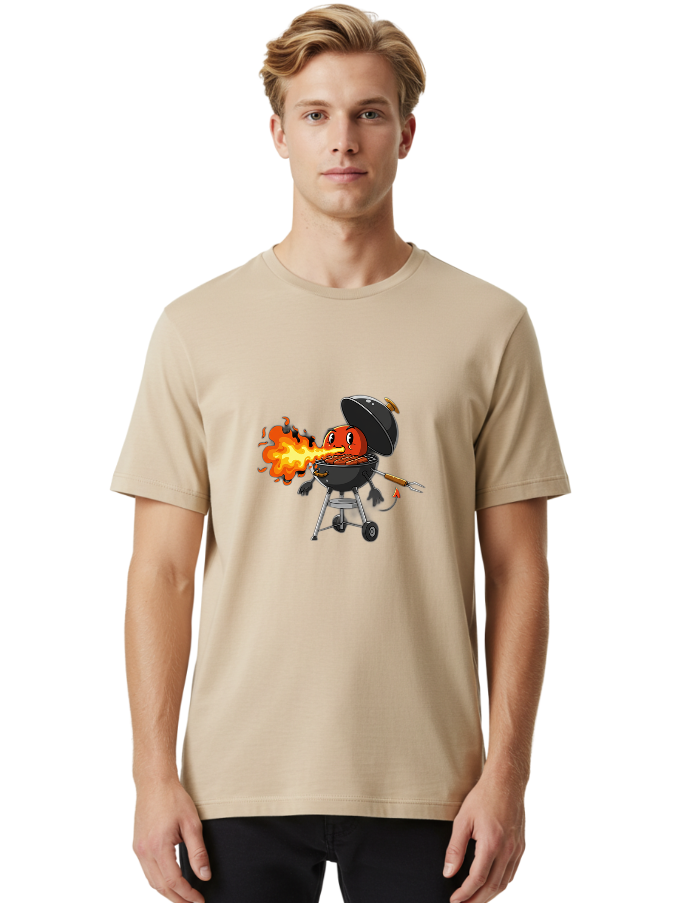 Tomato-In-Grill Men'S Graphic Tee, 100% Cotton, Comfortable Casual Summer Wear, Machine Washable, Tomato Grilling On Barbecue, Cartoon Character, Chef Illustration, Kitchen Humor, Funny Food, Barbecue Cooking, Comical Vegetable, Sizzling Hot Bac523 25