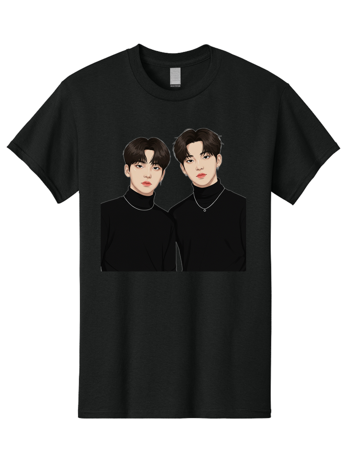 Twin-Guys Men'S Graphic Tee, 100% Cotton, Comfortable Casual Summer Wear, Machine Washable, K-Pop Idols, Male Duo, Black Turtlenecks, Silver Necklaces, Dark Hair, Digital Illustration, Pop Culture Icons, Modern Fashion, Stylish Accessories, Bac525 11