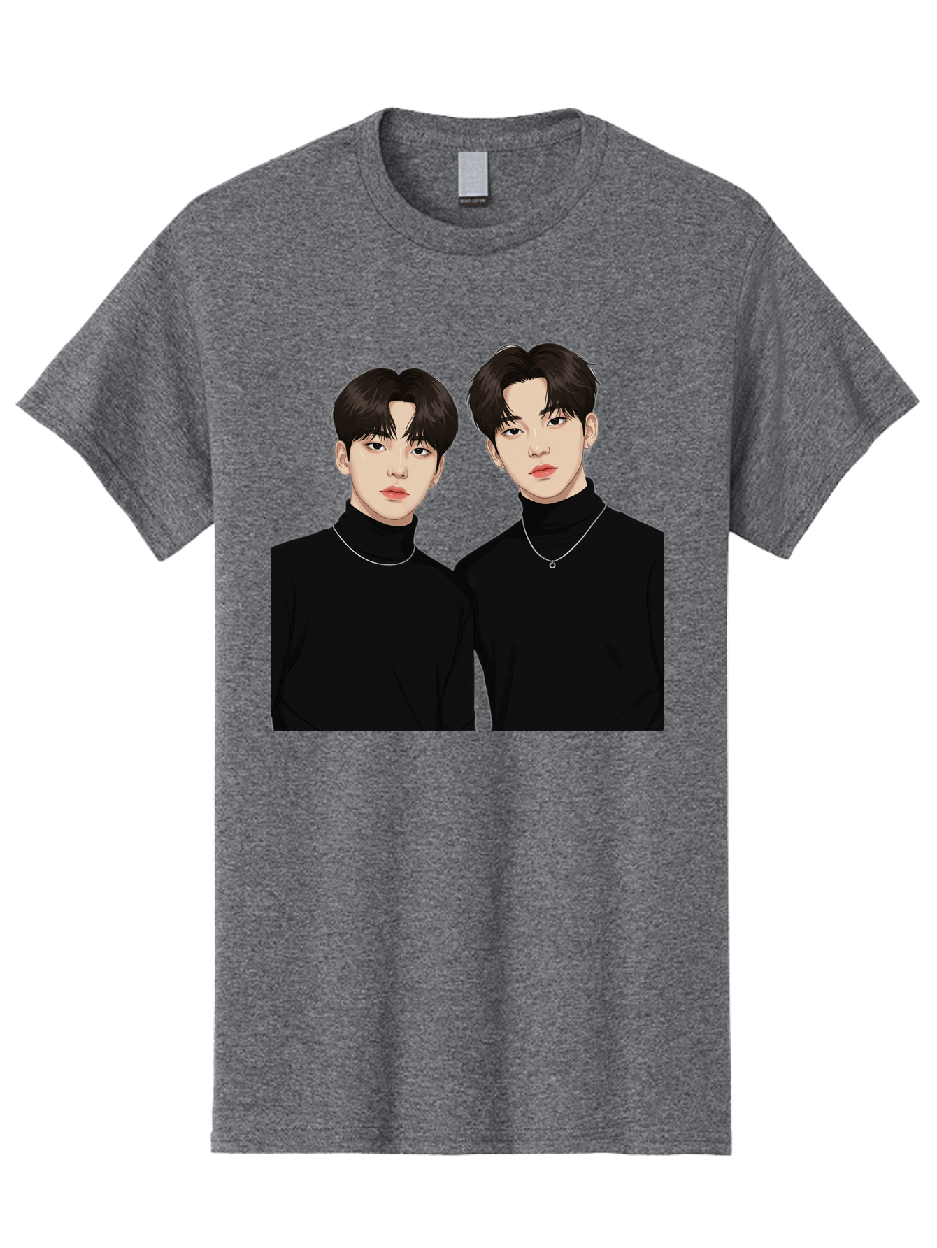 Twin-Guys Men'S Graphic Tee, 100% Cotton, Comfortable Casual Summer Wear, Machine Washable, K-Pop Idols, Male Duo, Black Turtlenecks, Silver Necklaces, Dark Hair, Digital Illustration, Pop Culture Icons, Modern Fashion, Stylish Accessories, Bac525 13